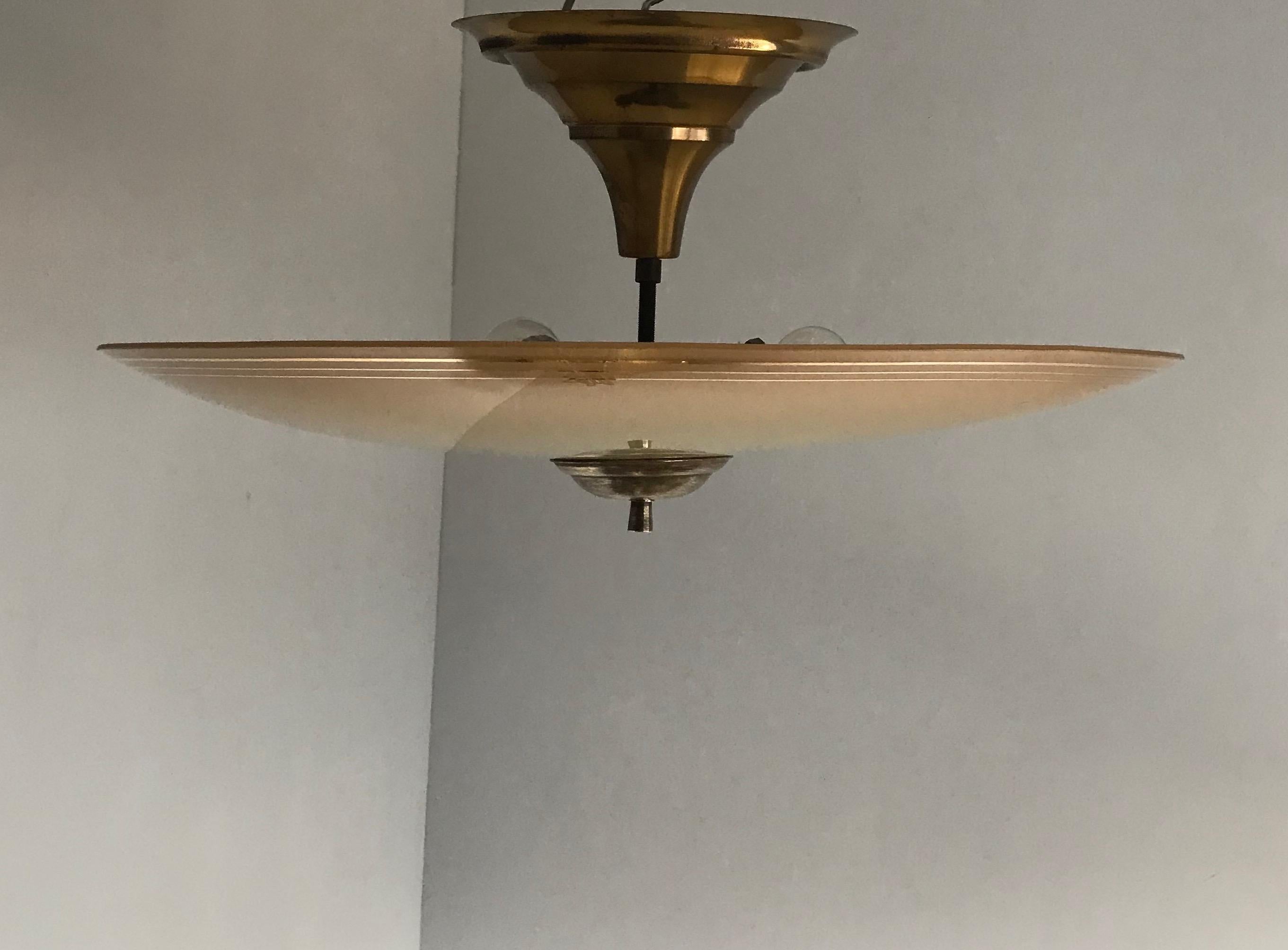 Large Mid-Century Modern Colored Glass Pendant / Unidentified Flying Flush Mount In Good Condition In Lisse, NL