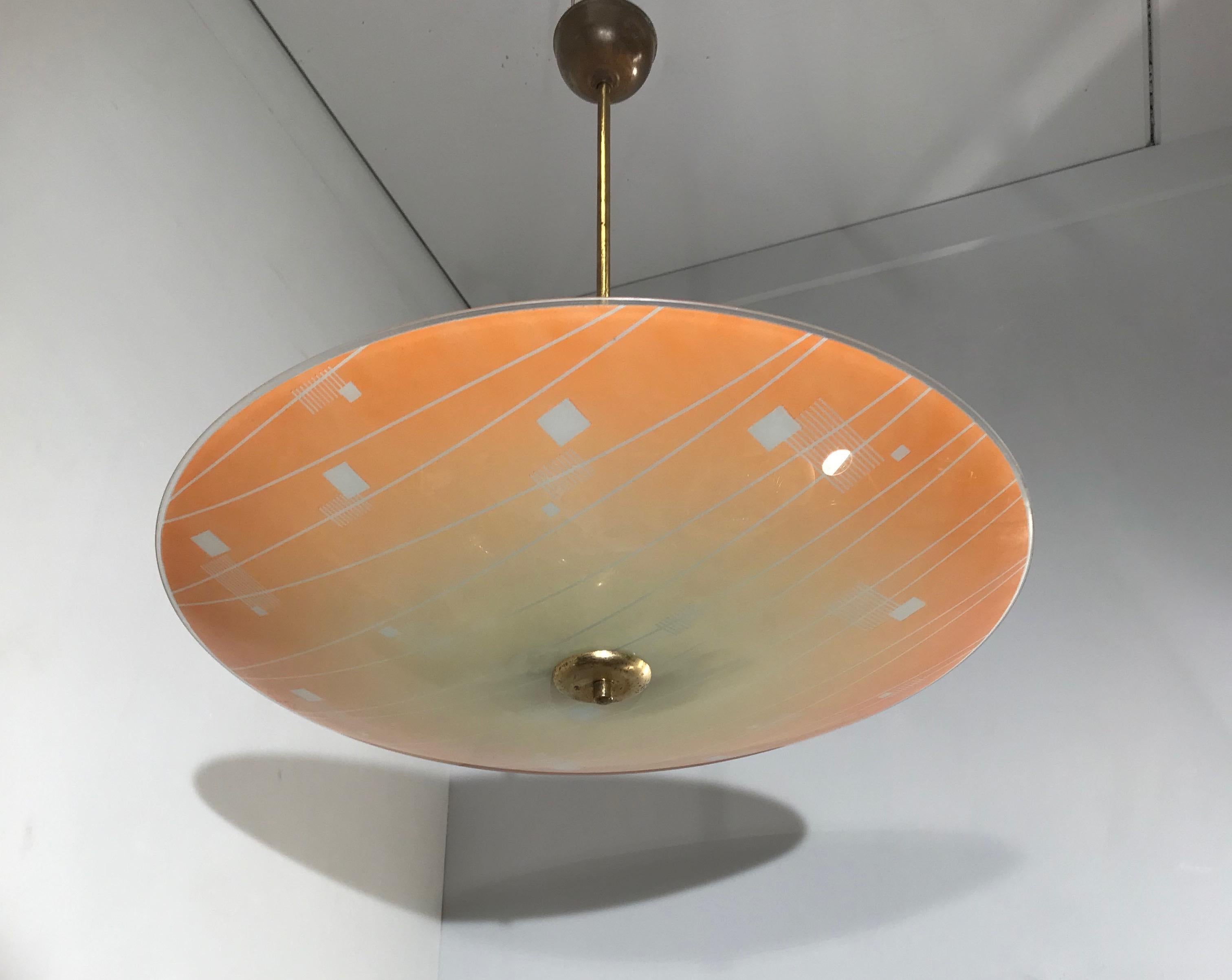 Large Mid-Century Modern Etched and Peach Colored Glass Pendant or Flush Mount For Sale 3