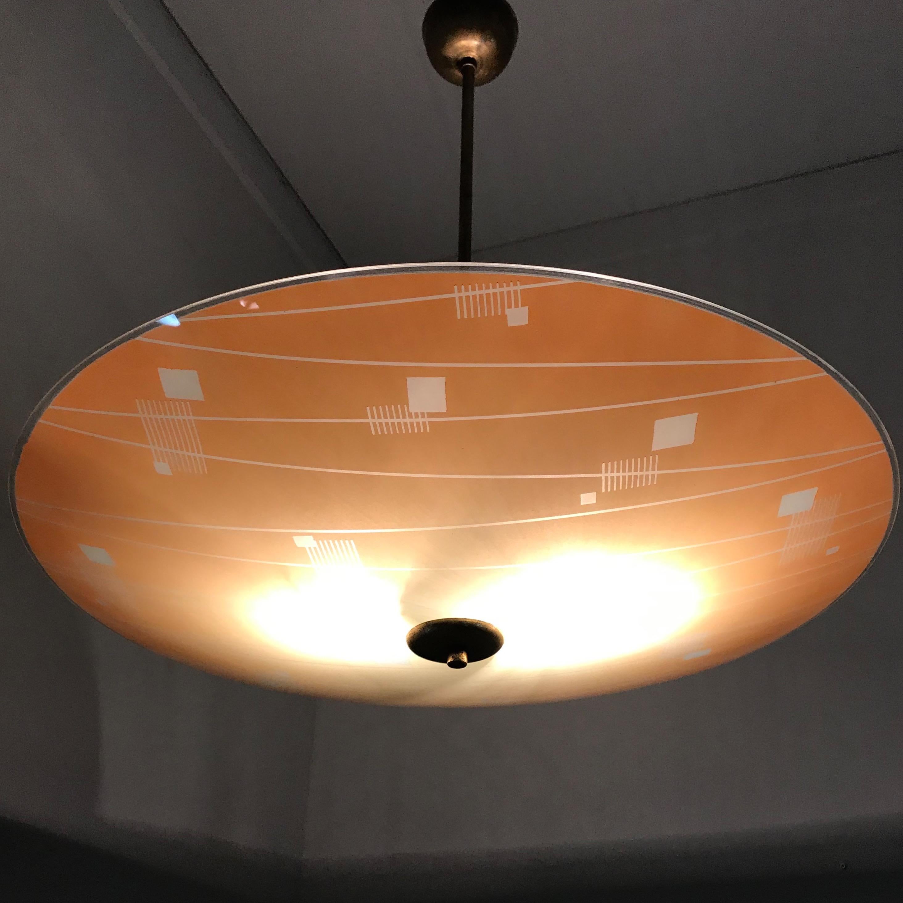 Large Mid-Century Modern Etched and Peach Colored Glass Pendant or Flush Mount For Sale 5