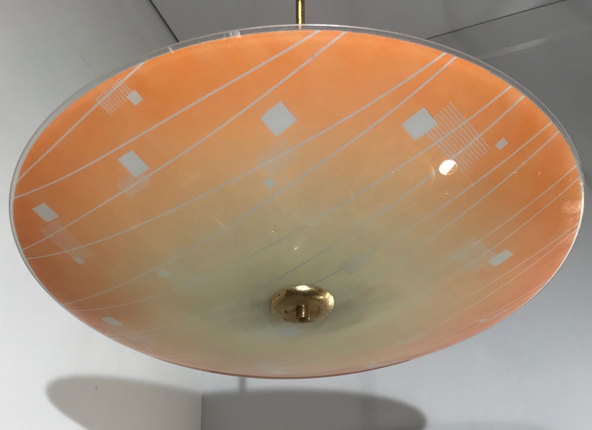 Large Mid-Century Modern Etched and Peach Colored Glass Pendant or Flush Mount For Sale 5