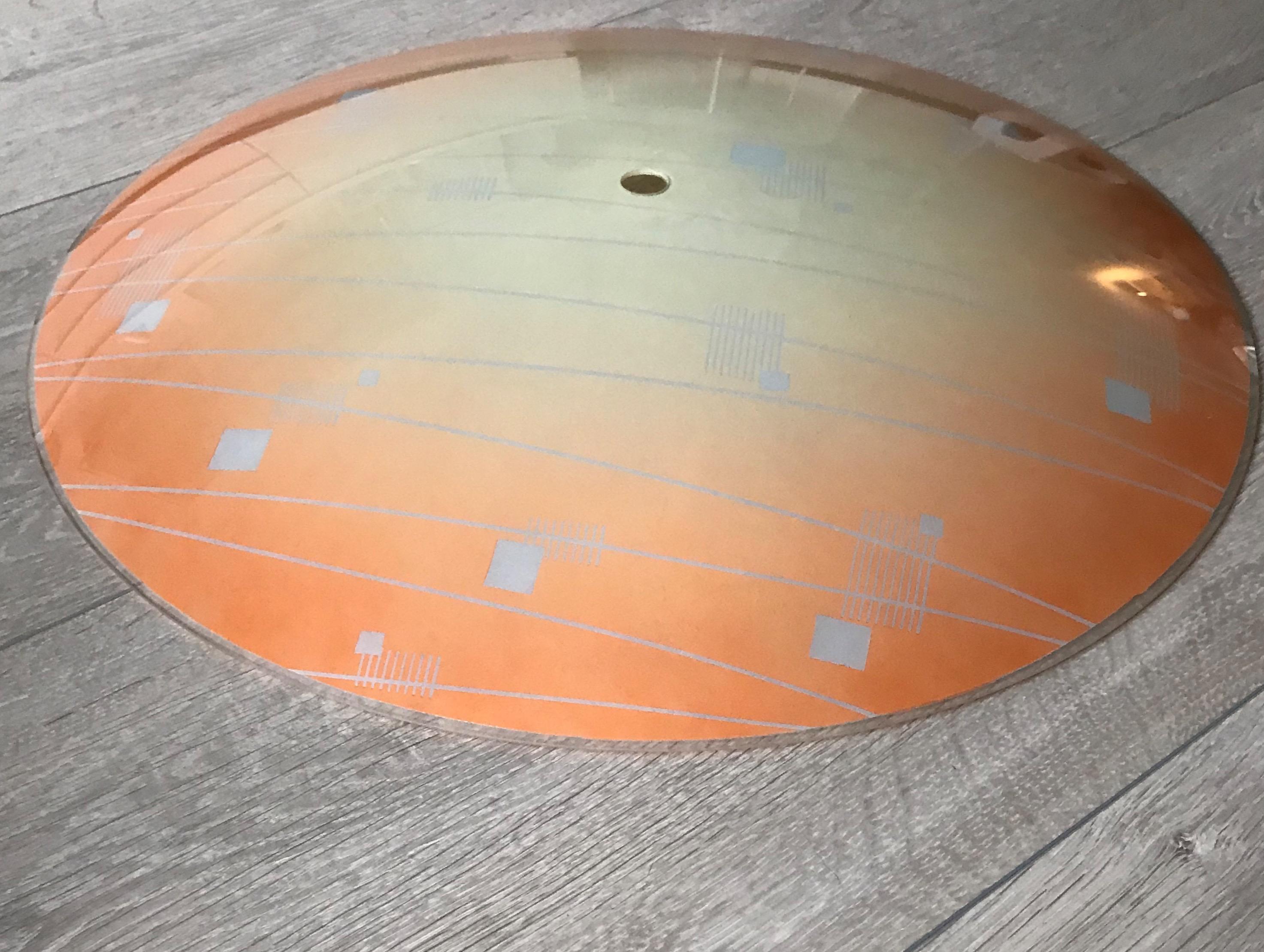Large Mid-Century Modern Etched and Peach Colored Glass Pendant or Flush Mount For Sale 9