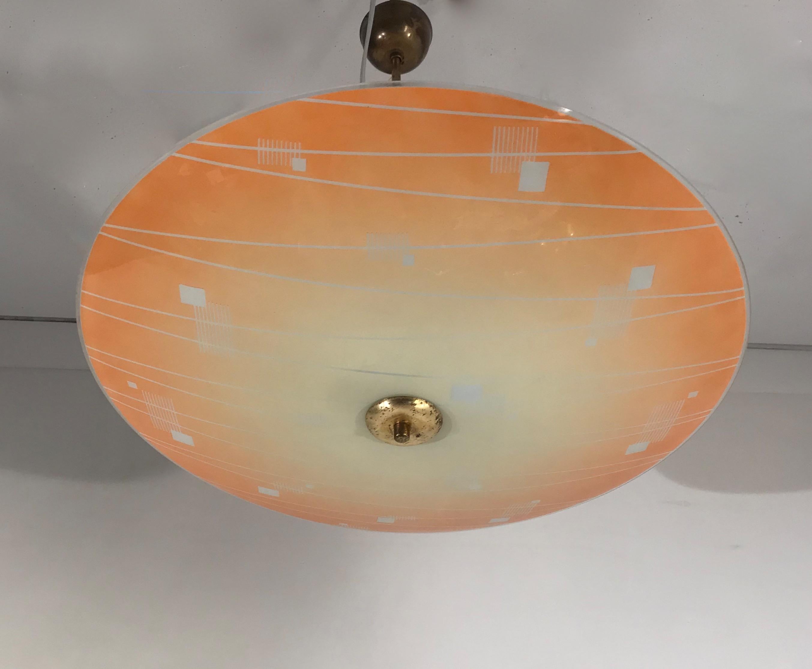 Art Deco Large Mid-Century Modern Etched and Peach Colored Glass Pendant or Flush Mount For Sale