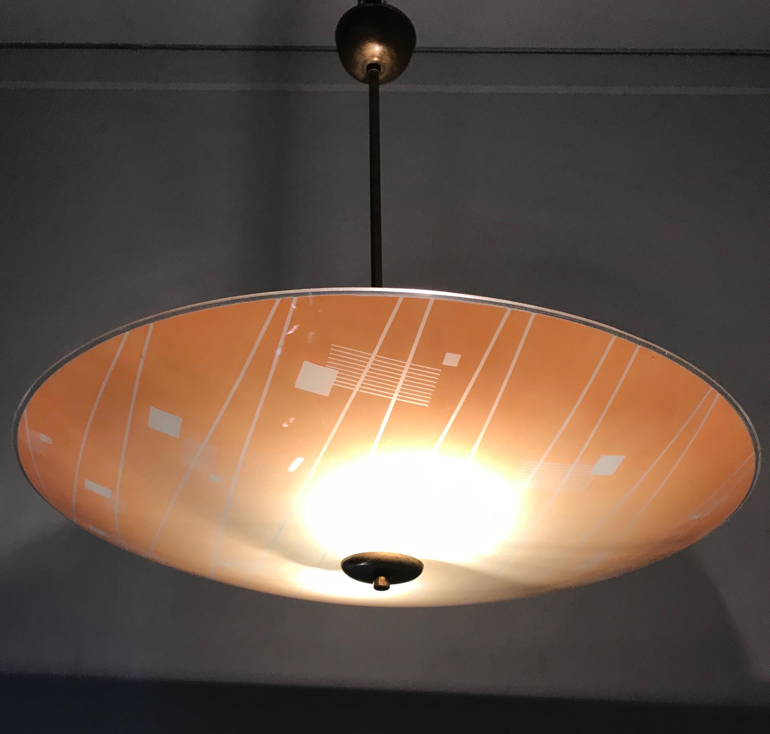 European Large Mid-Century Modern Etched and Peach Colored Glass Pendant or Flush Mount For Sale