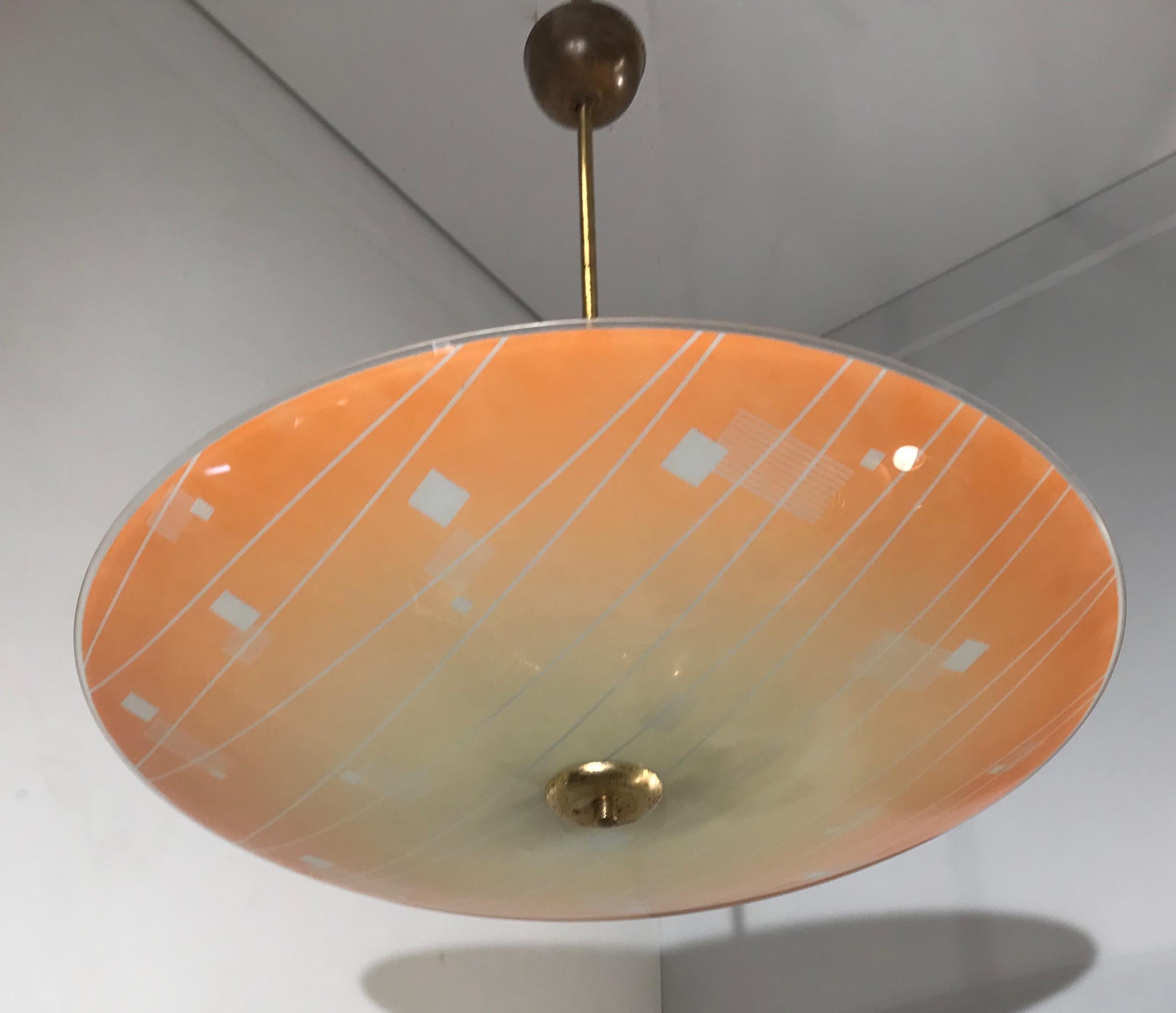 Hand-Crafted Large Mid-Century Modern Etched and Peach Colored Glass Pendant or Flush Mount For Sale