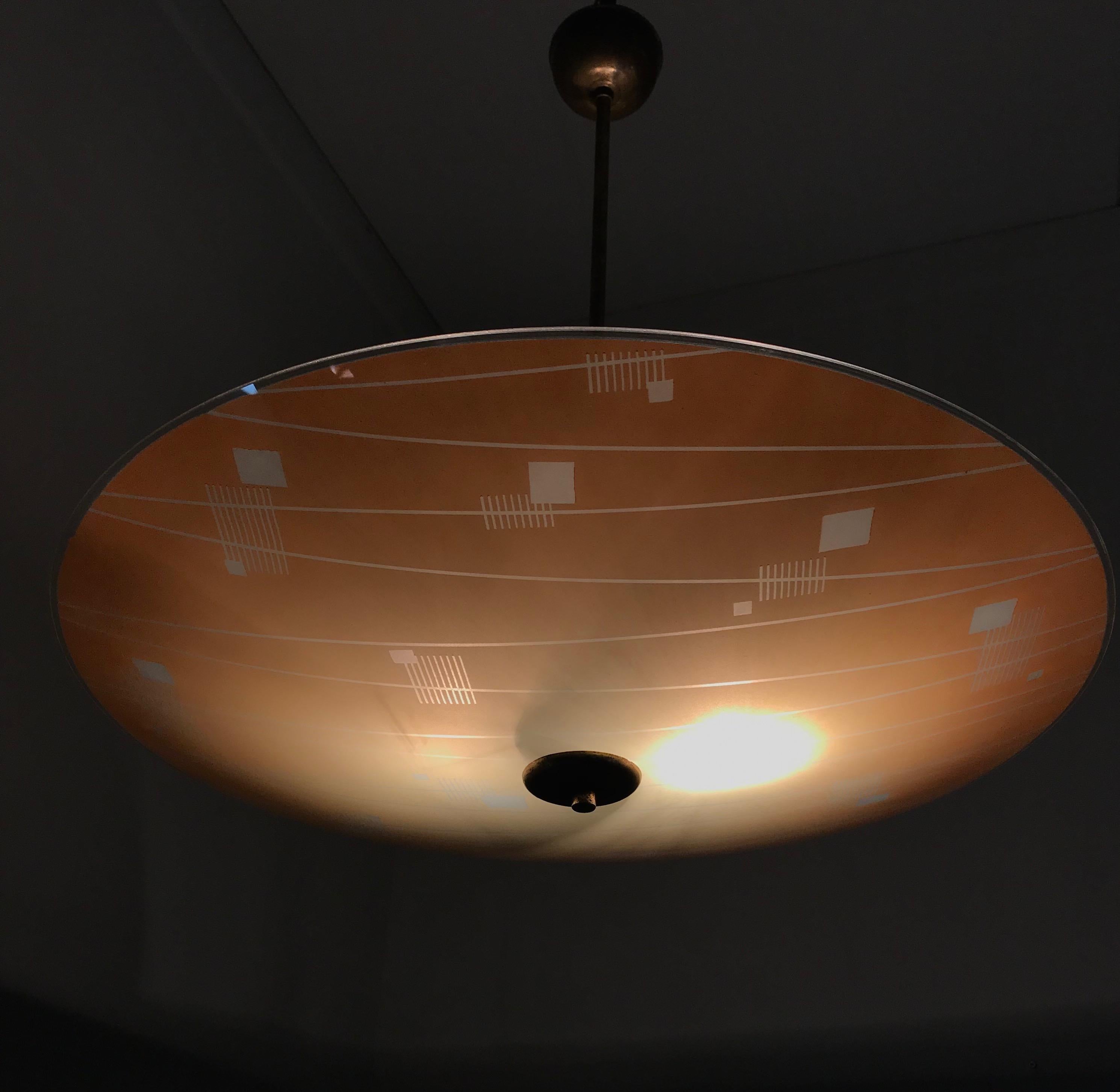 20th Century Large Mid-Century Modern Etched and Peach Colored Glass Pendant or Flush Mount For Sale