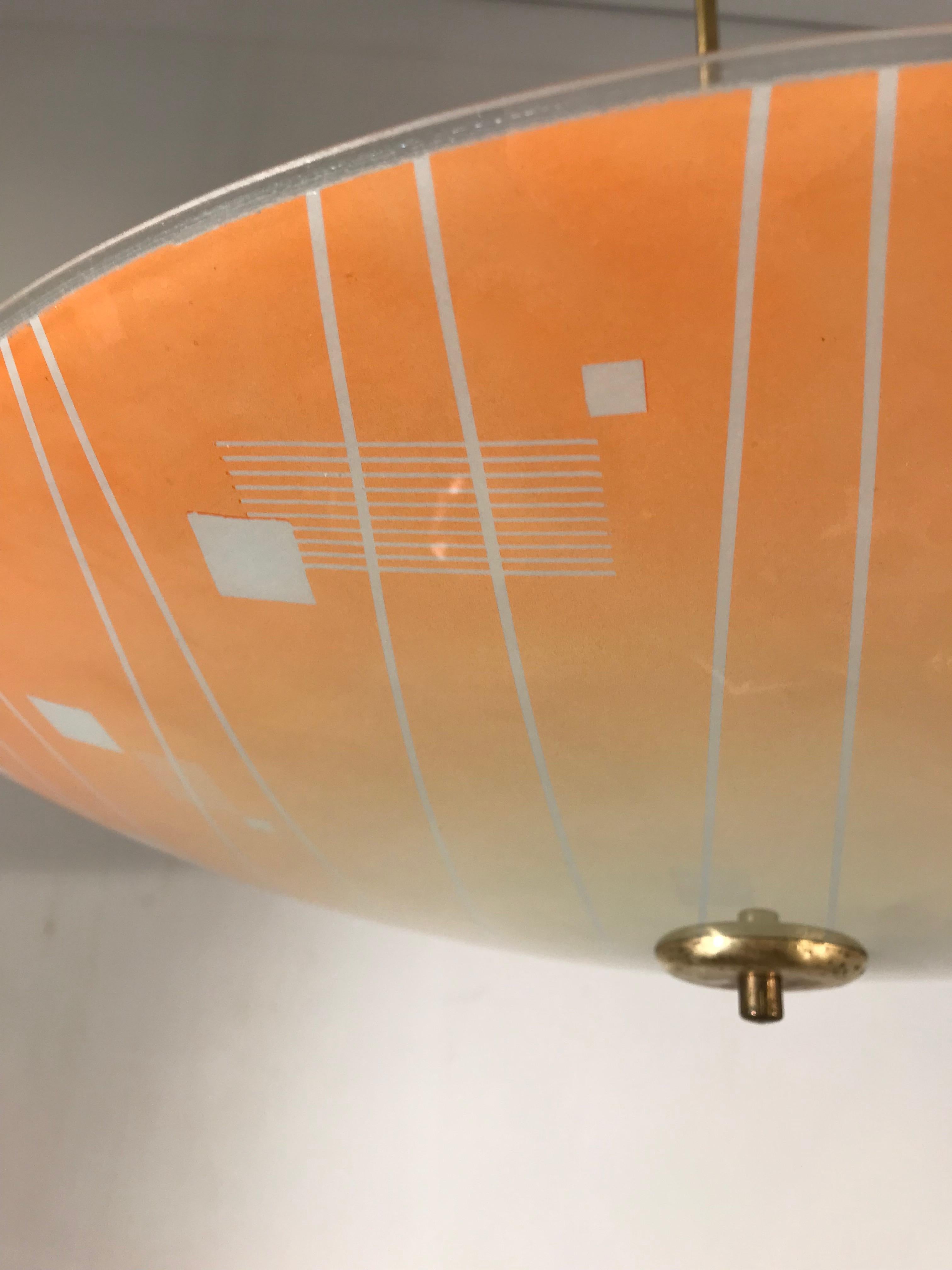 20th Century Large Mid-Century Modern Etched and Peach Colored Glass Pendant or Flush Mount For Sale