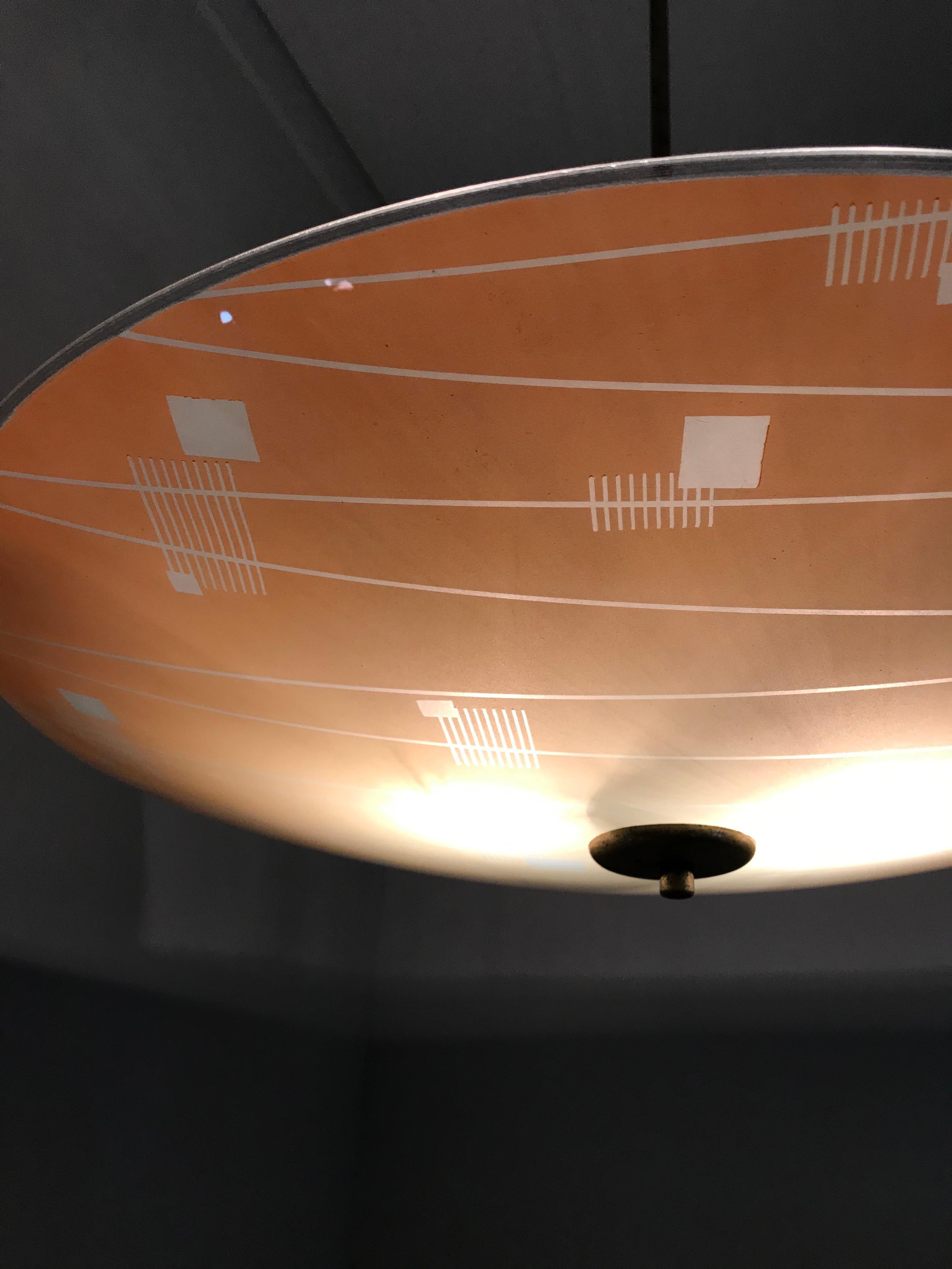 Brass Large Mid-Century Modern Etched and Peach Colored Glass Pendant or Flush Mount For Sale