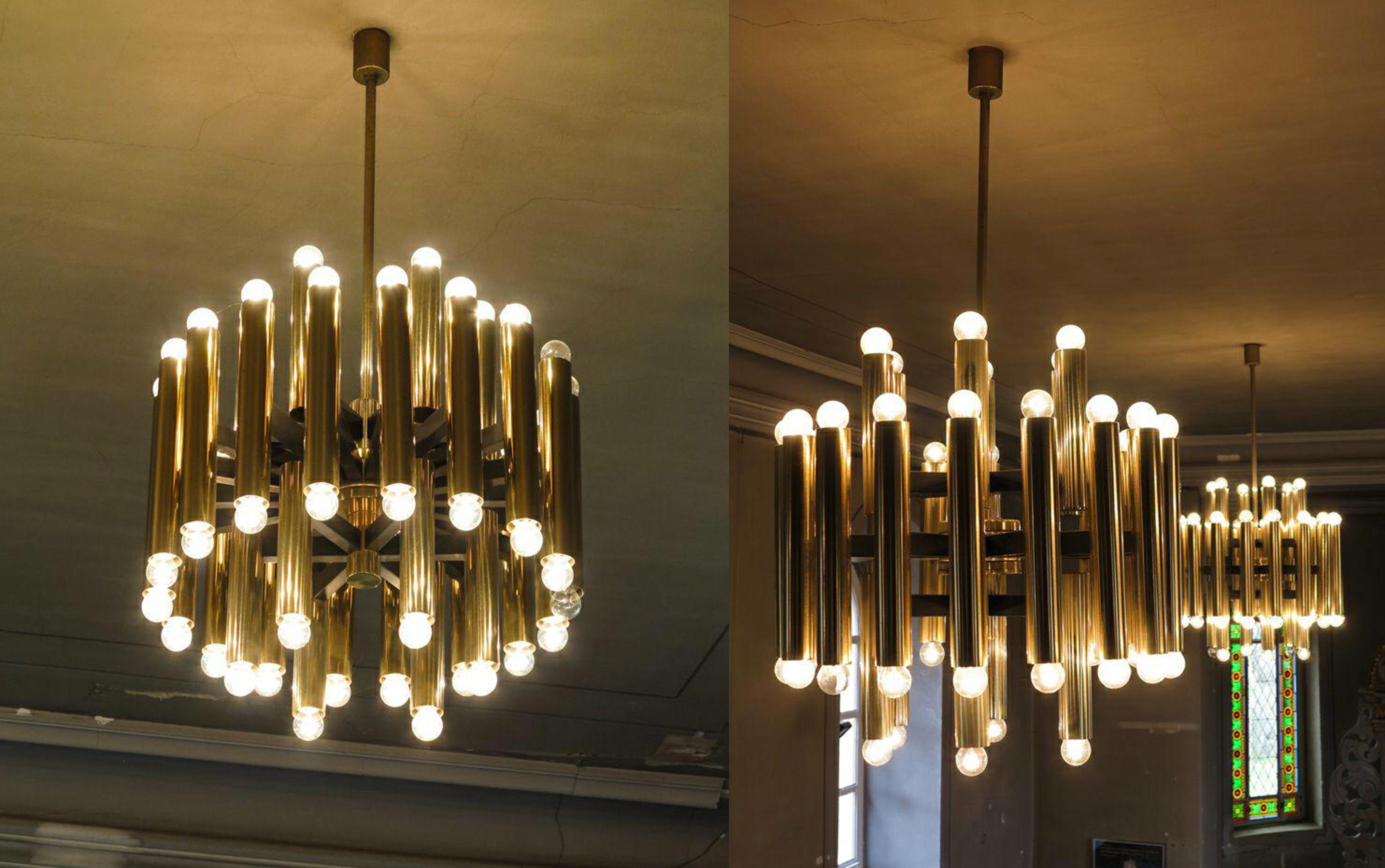 20th Century Large Midcentury Modernist Steel Chandelier with 48-Light Bulbs, Berlin, 1960s For Sale