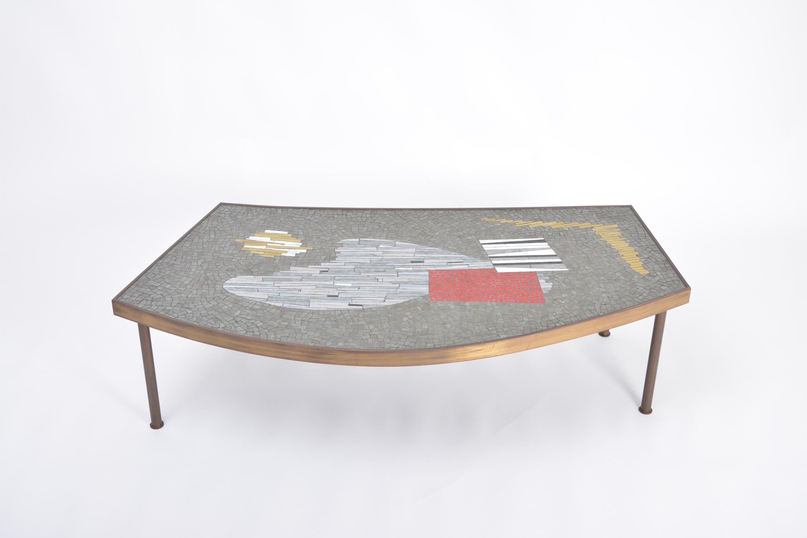Large Midcentury Mosaic and Brass Coffee Table by Berthold Müller-Oerlinghausen For Sale 1