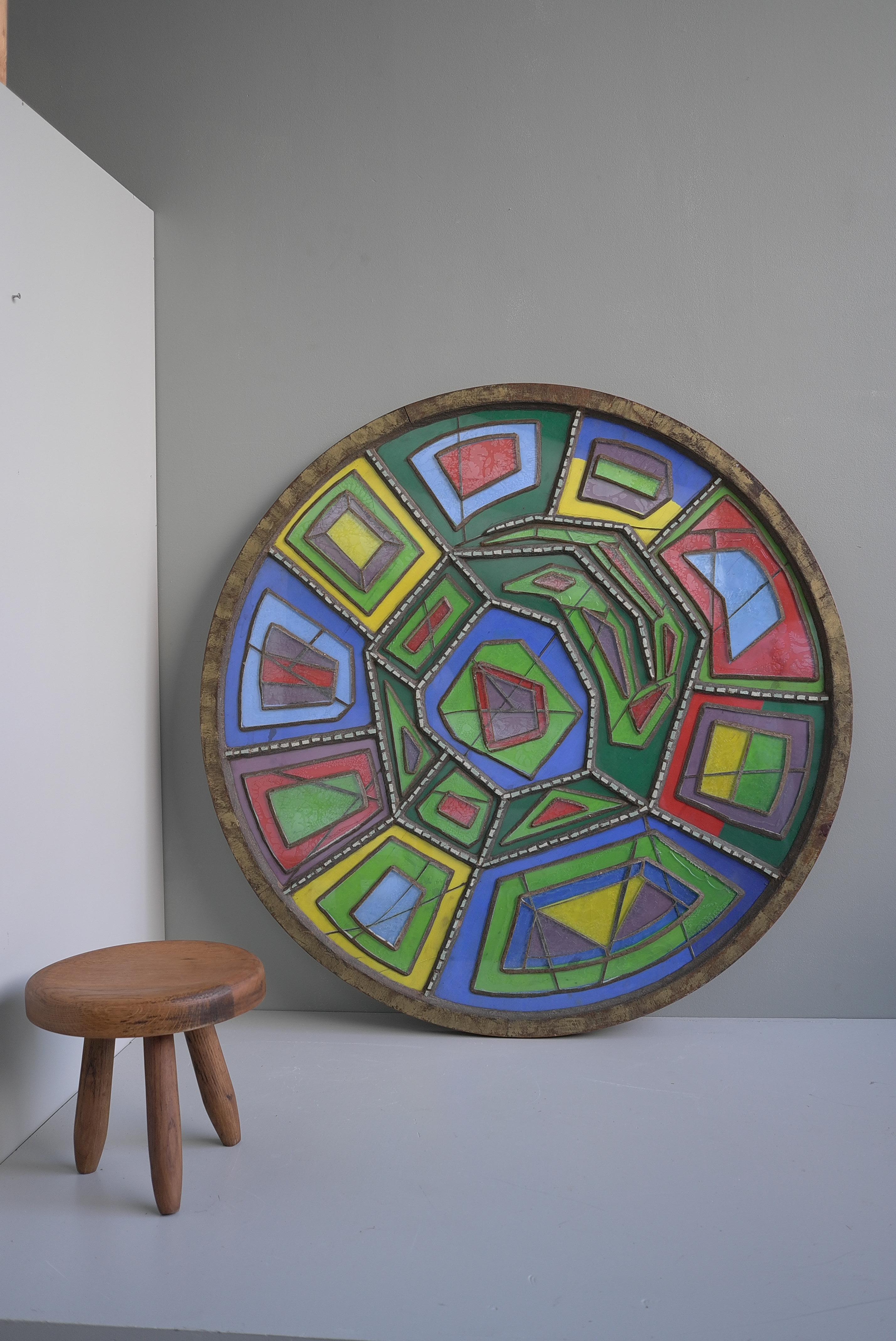 Large Midcentury Multicolored Round Glass and Concrete Wall Sculpture, 1950s For Sale 5