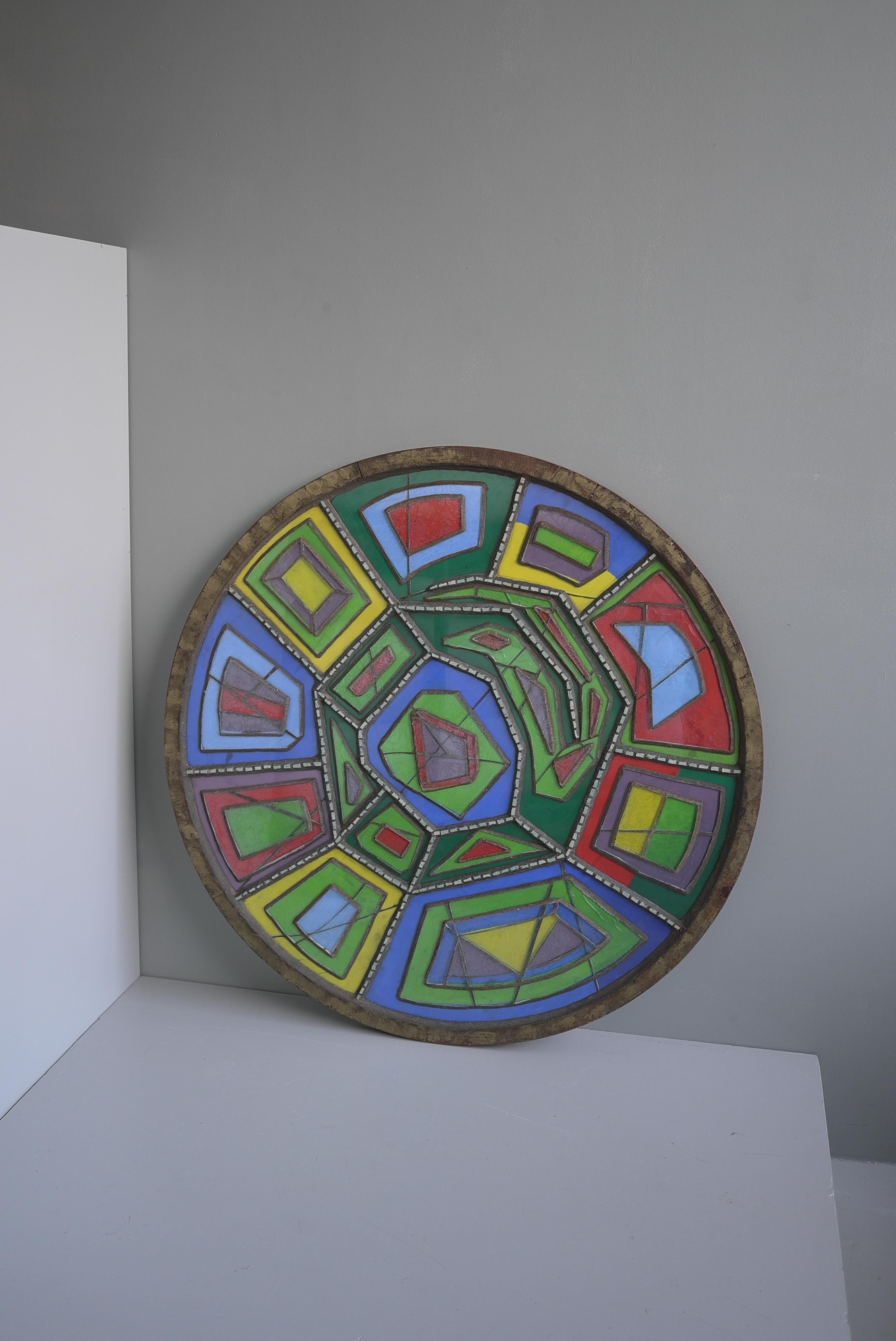 Large Midcentury Multicolored Round Glass and Concrete Wall Sculpture, 1950s For Sale 7