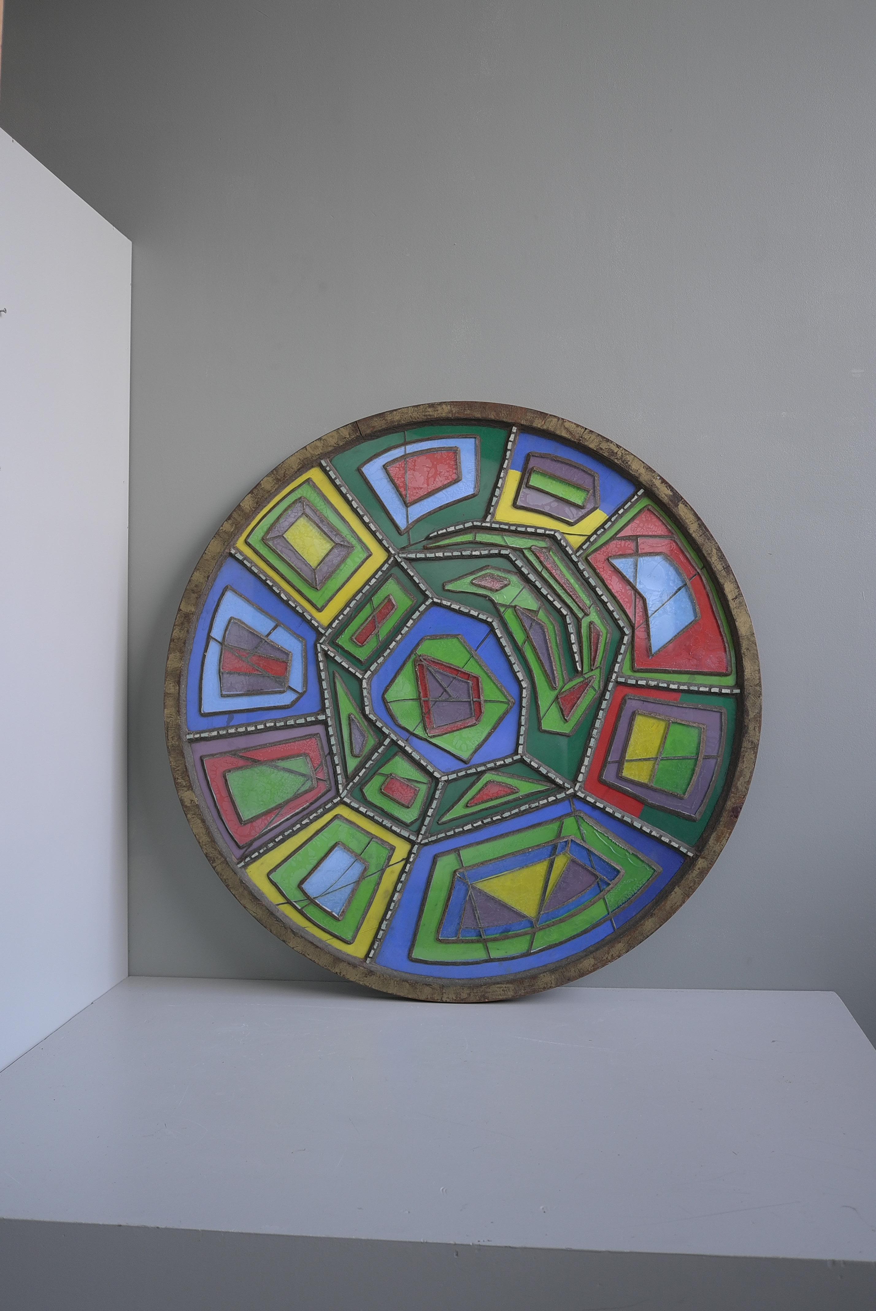 Large Midcentury Multicolored Round Glass and Concrete Wall Sculpture, 1950s For Sale 8