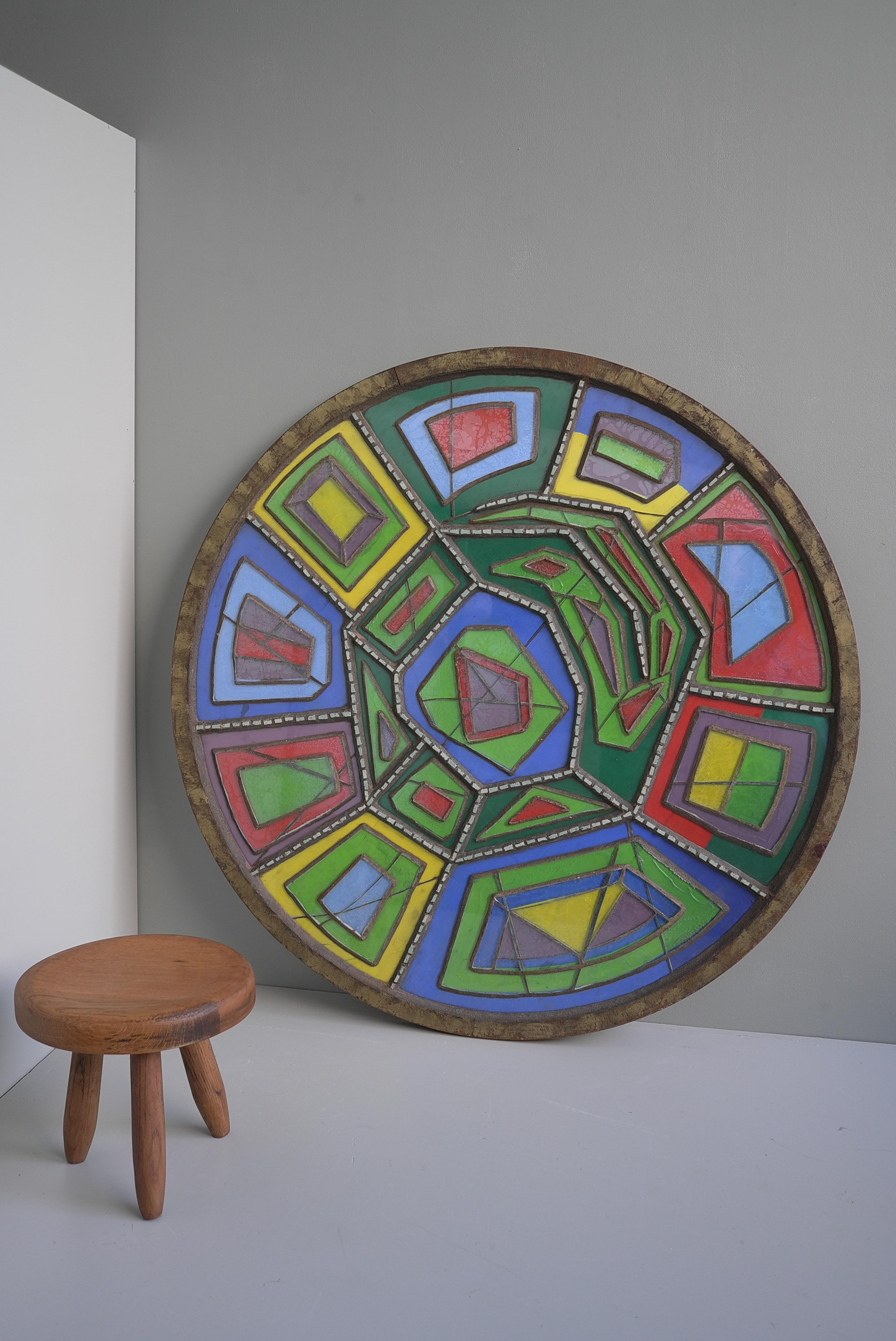 Large Midcentury Multicolored Round Glass and Concrete Wall Sculpture, 1950s For Sale 1