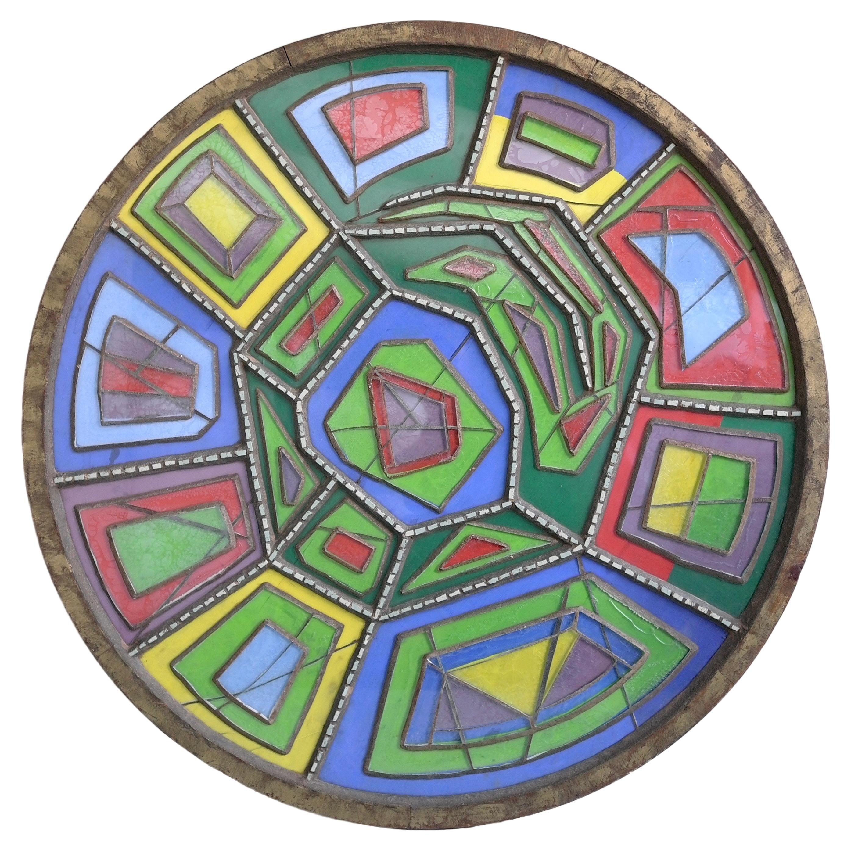 Large Midcentury Multicolored Round Glass and Concrete Wall Sculpture, 1950s For Sale