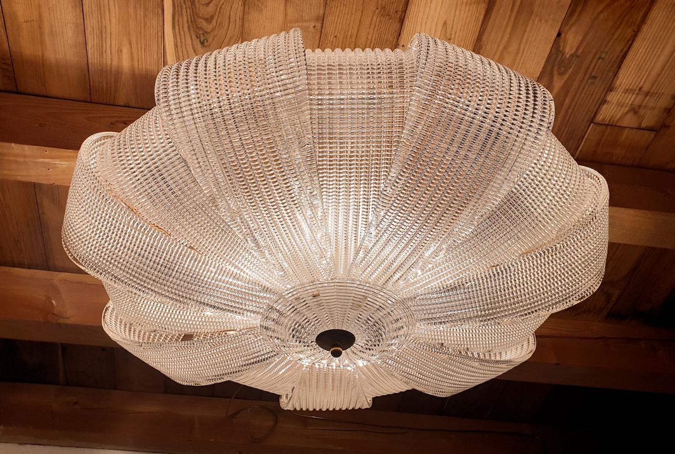 Large Mid-century Murano Clear Glass Flush Mount chandelier, Barovier Style 1970 2