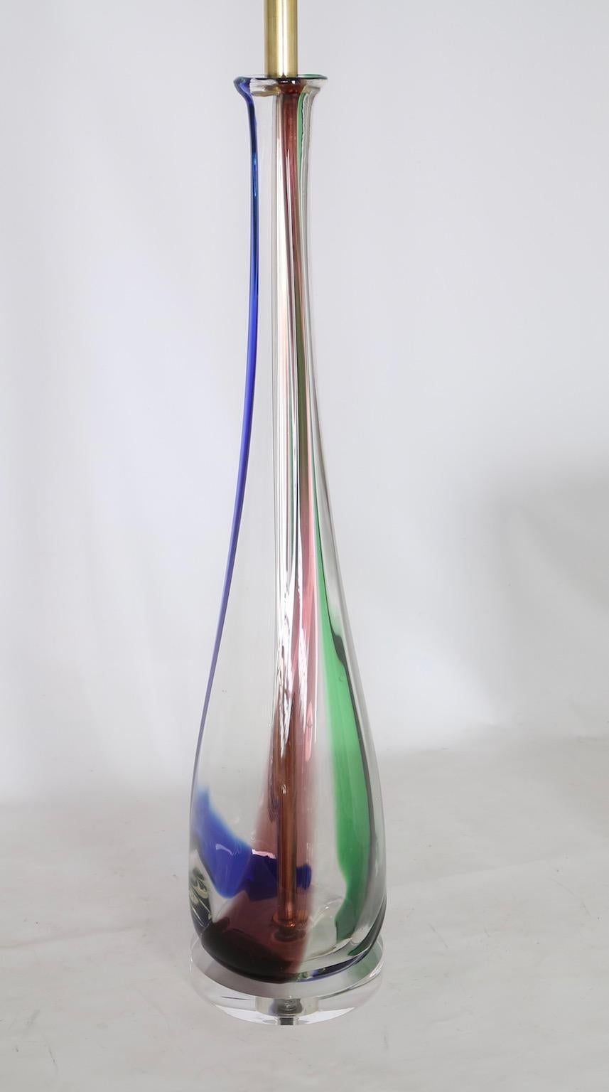 Mid-Century Modern Large Midcentury Murano Clear Glass Lamp with Green, Purple and Blue Stripes