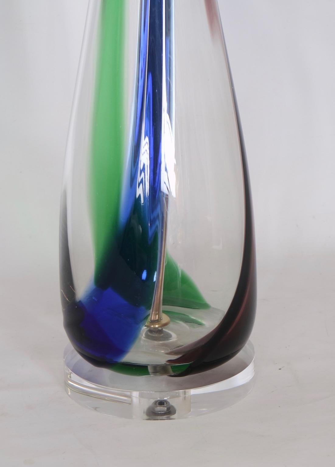 Italian Large Midcentury Murano Clear Glass Lamp with Green, Purple and Blue Stripes