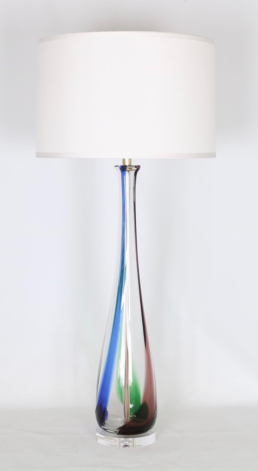 Mid-20th Century Large Midcentury Murano Clear Glass Lamp with Green, Purple and Blue Stripes