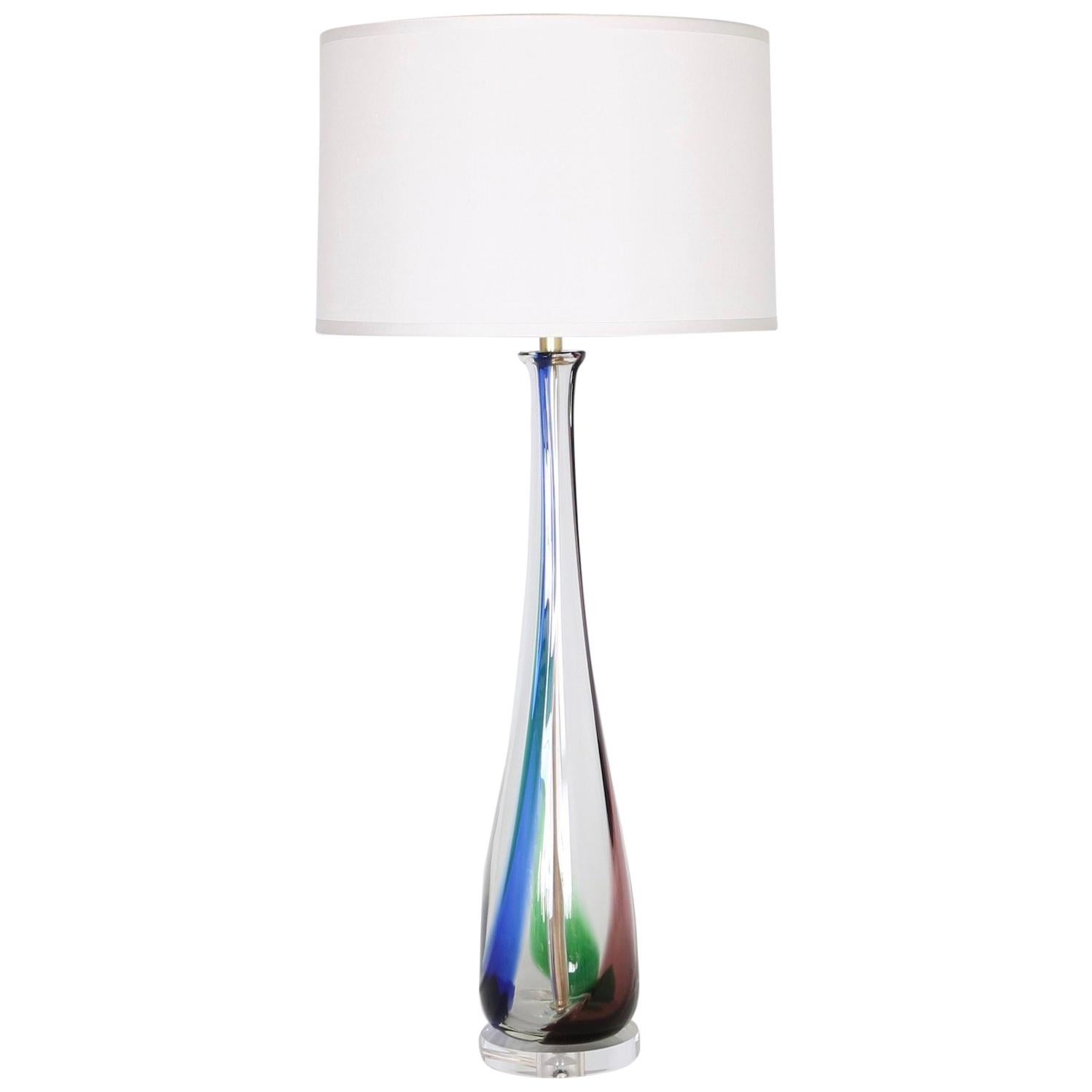 Large Midcentury Murano Clear Glass Lamp with Green, Purple and Blue Stripes