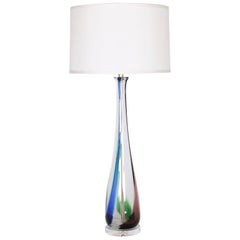 Large Midcentury Murano Clear Glass Lamp with Green, Purple and Blue Stripes