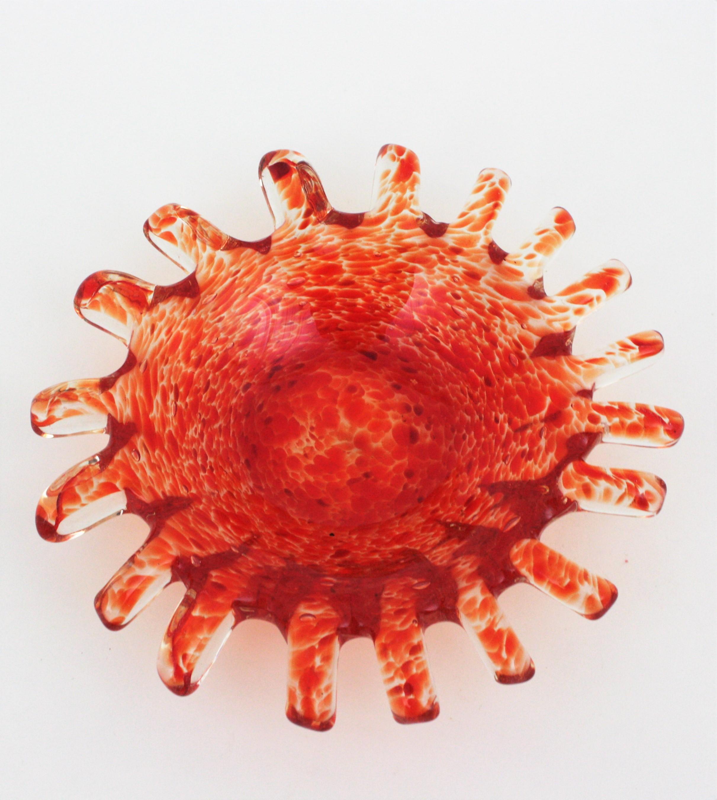 Large Midcentury Murano Orange Sunburst Art Glass Bowl For Sale 3
