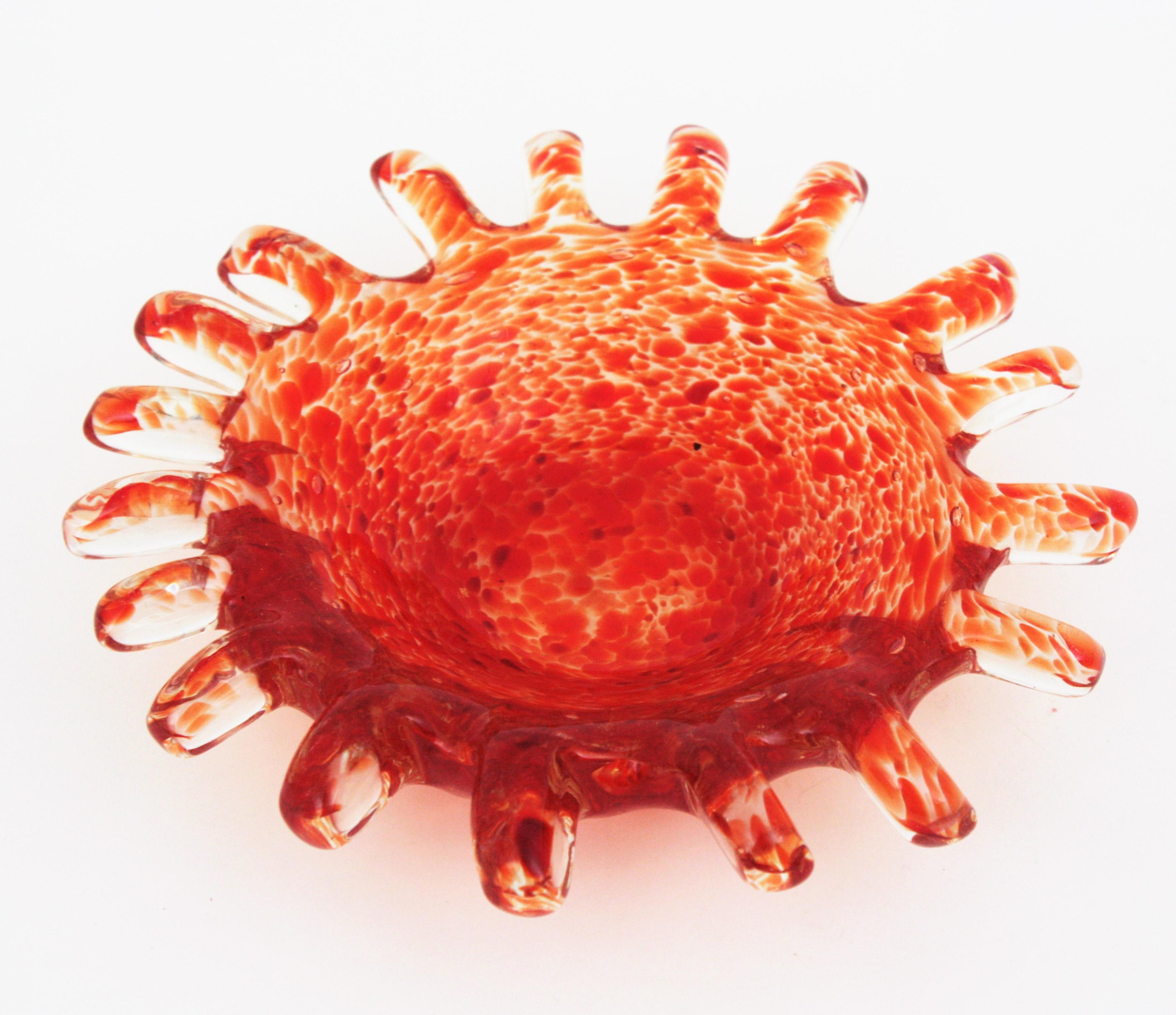 Mid-Century Modern Large Midcentury Murano Orange Sunburst Art Glass Bowl For Sale