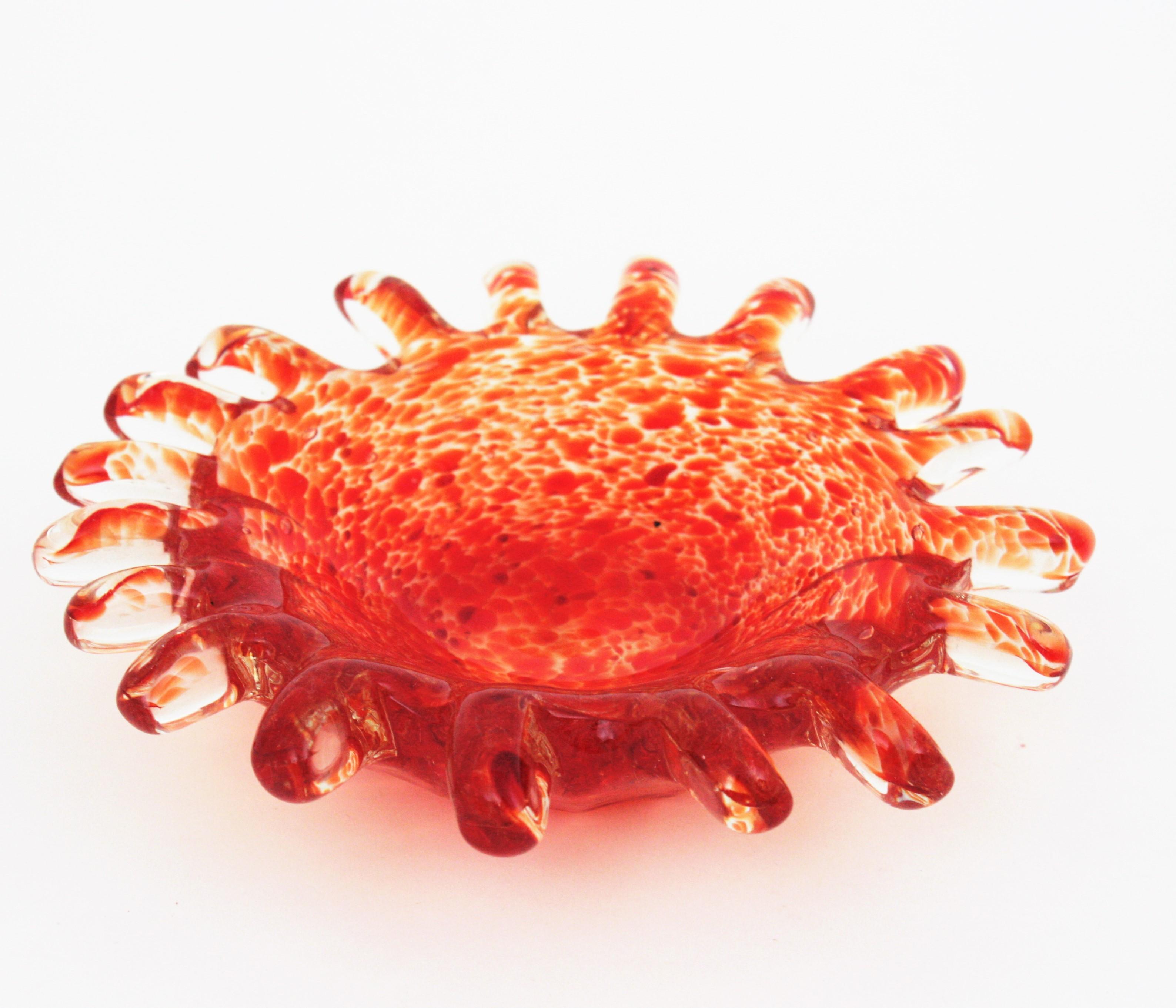 Italian Large Midcentury Murano Orange Sunburst Art Glass Bowl For Sale