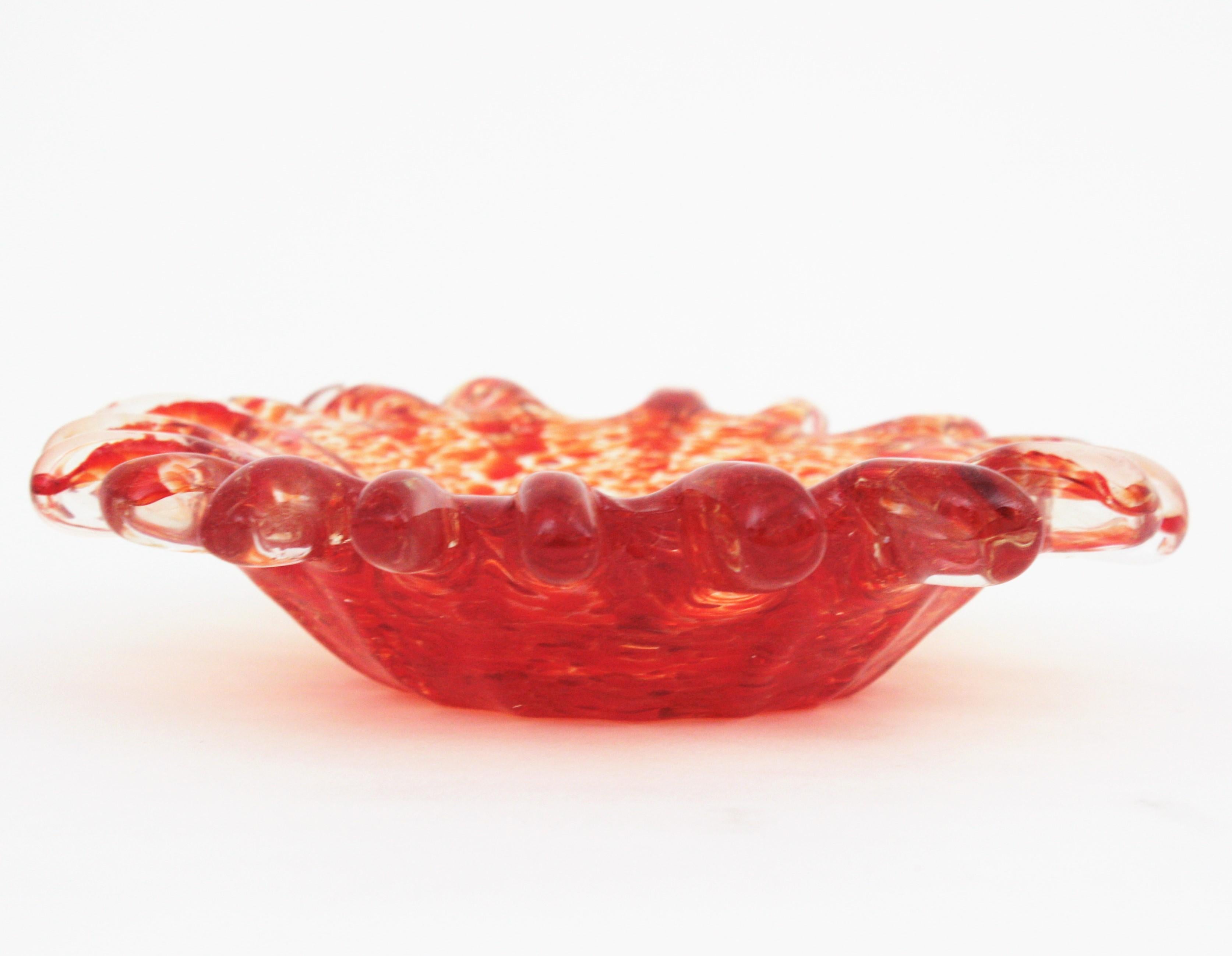 Hand-Crafted Large Midcentury Murano Orange Sunburst Art Glass Bowl For Sale