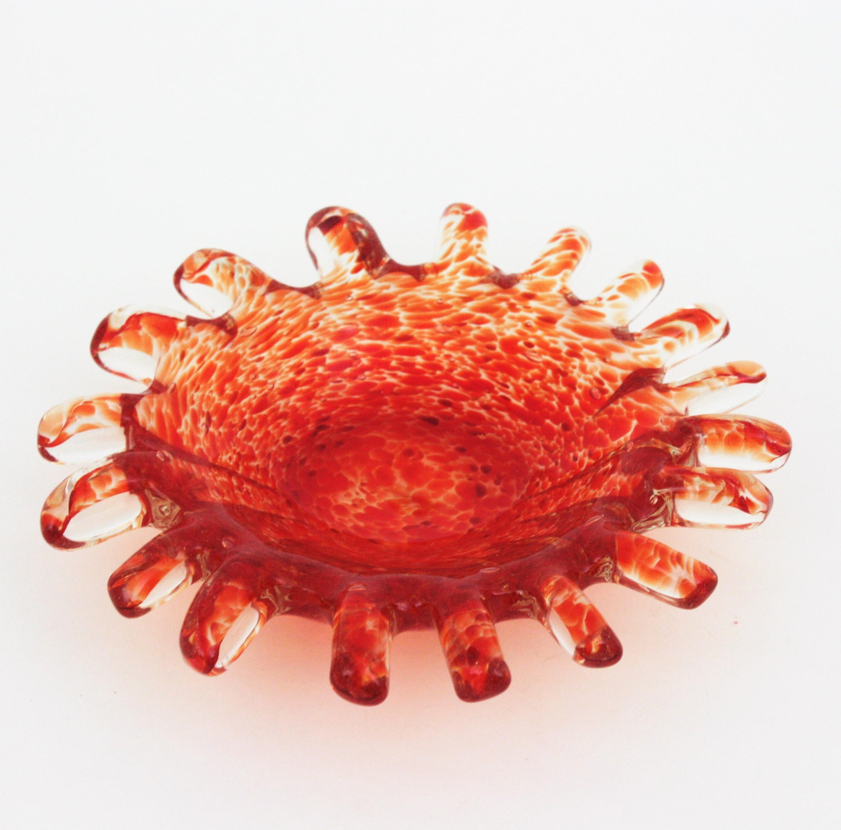 Large Midcentury Murano Orange Sunburst Art Glass Bowl For Sale 1