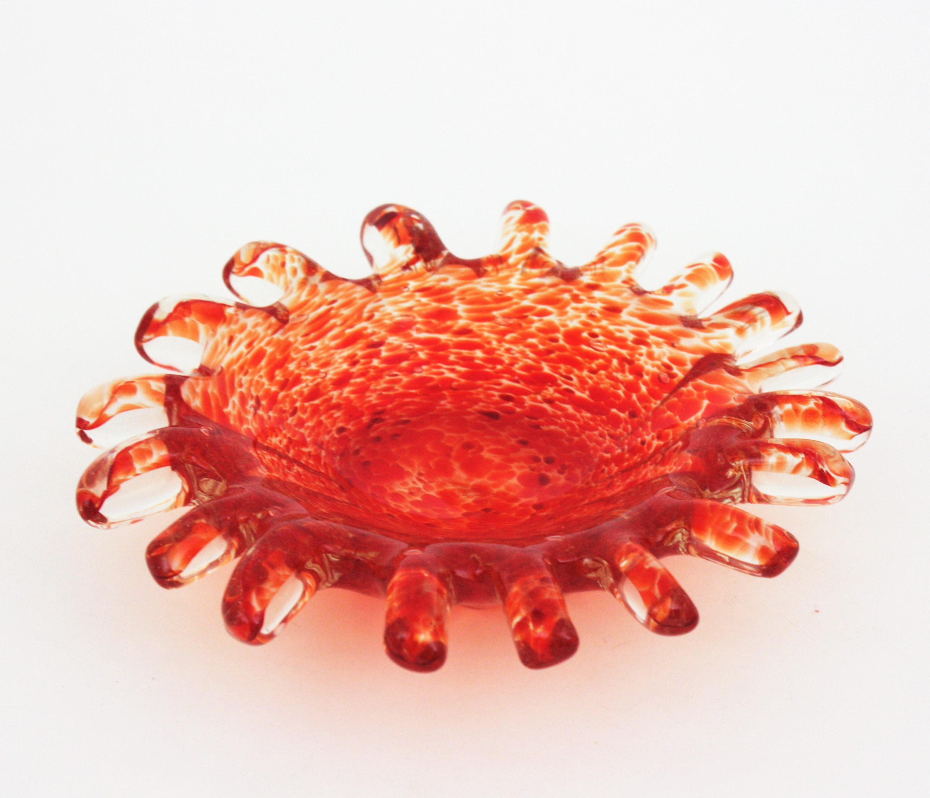 Large Midcentury Murano Orange Sunburst Art Glass Bowl For Sale 2