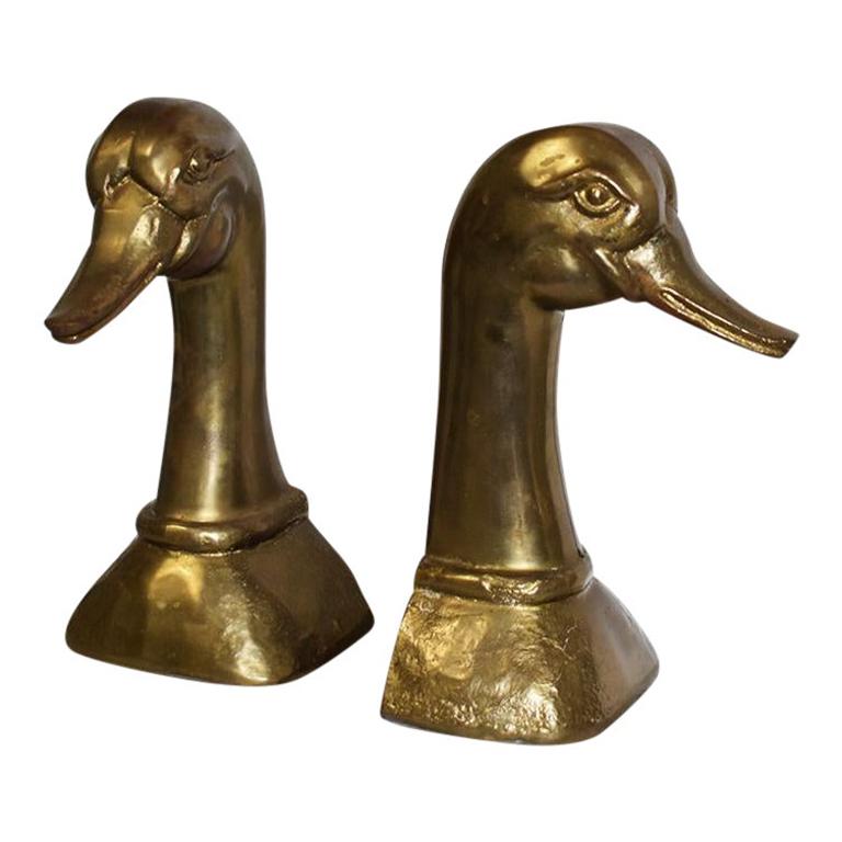 Large Midcentury Oversize Gold Brass Duck Bookends a Pair, Made in