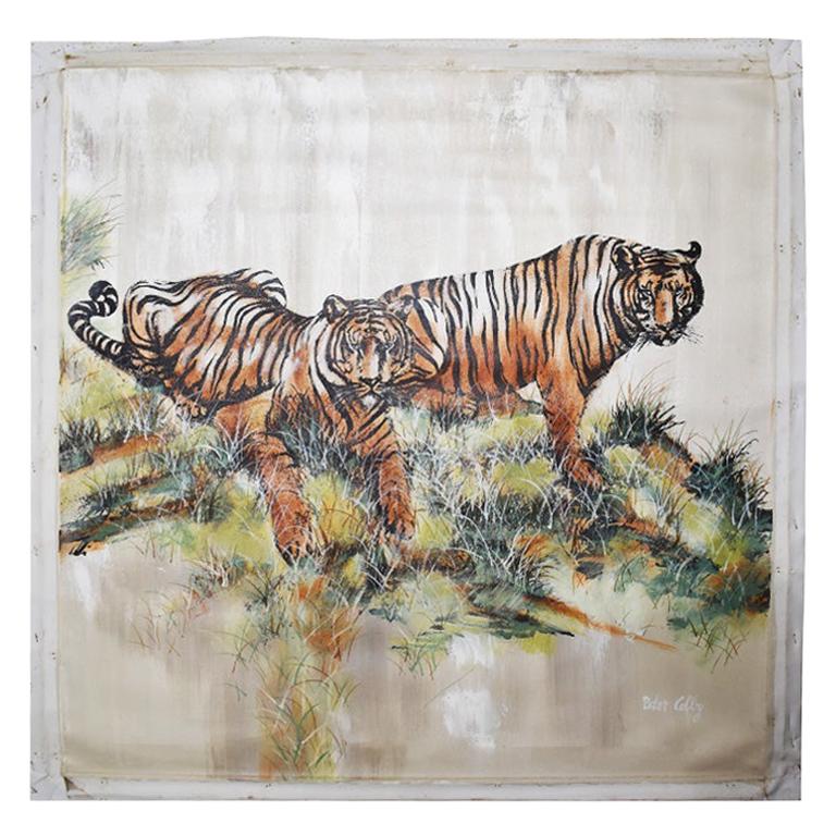 Grande peinture à l'huile sur toile du milieu du siècle:: représentant des tigres:: réalisée par Peter Colby