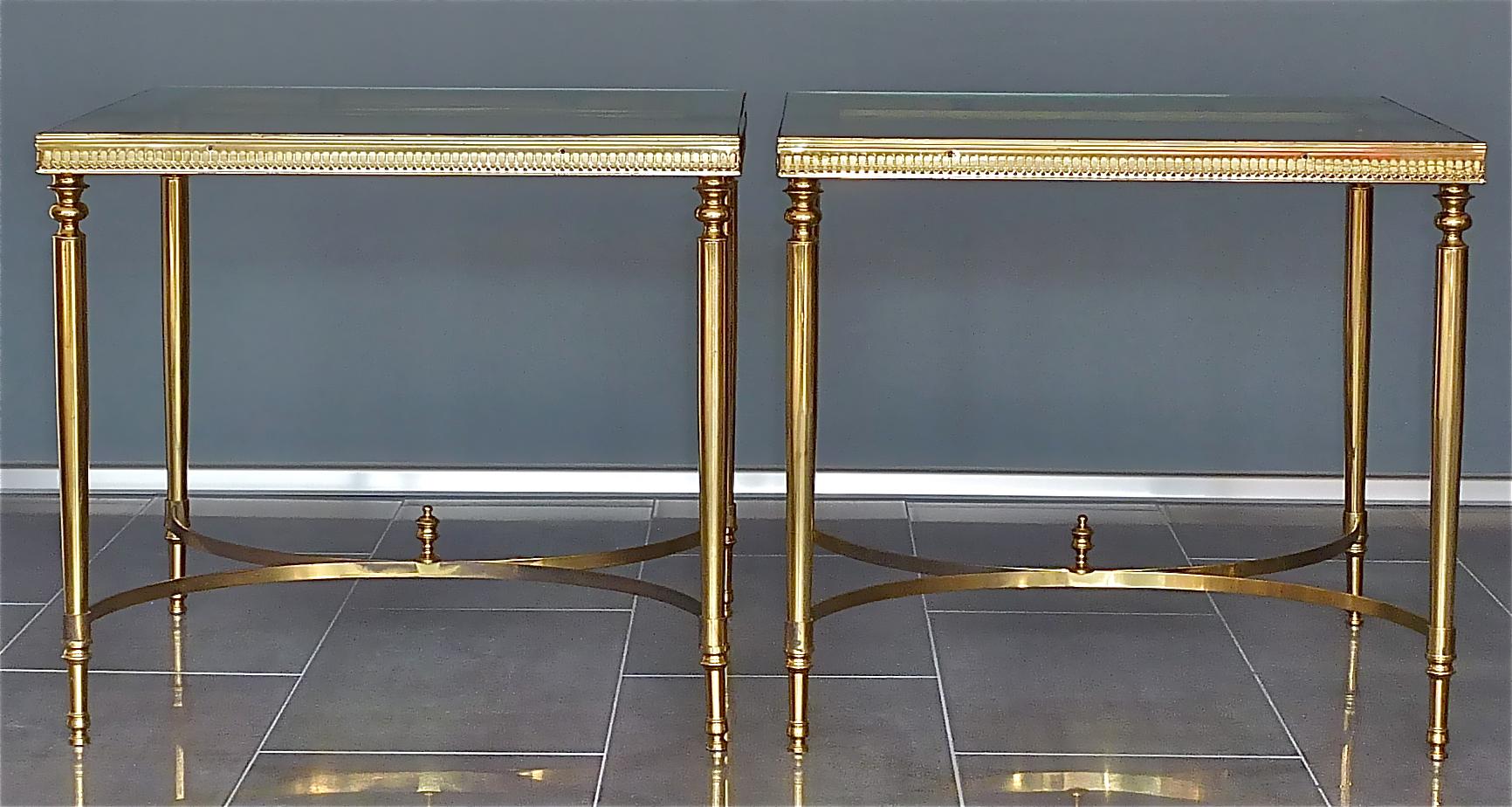 Midcentury Pair of Maison Baguès Jansen Side Sofa Tables Brass Mirror Glass 11