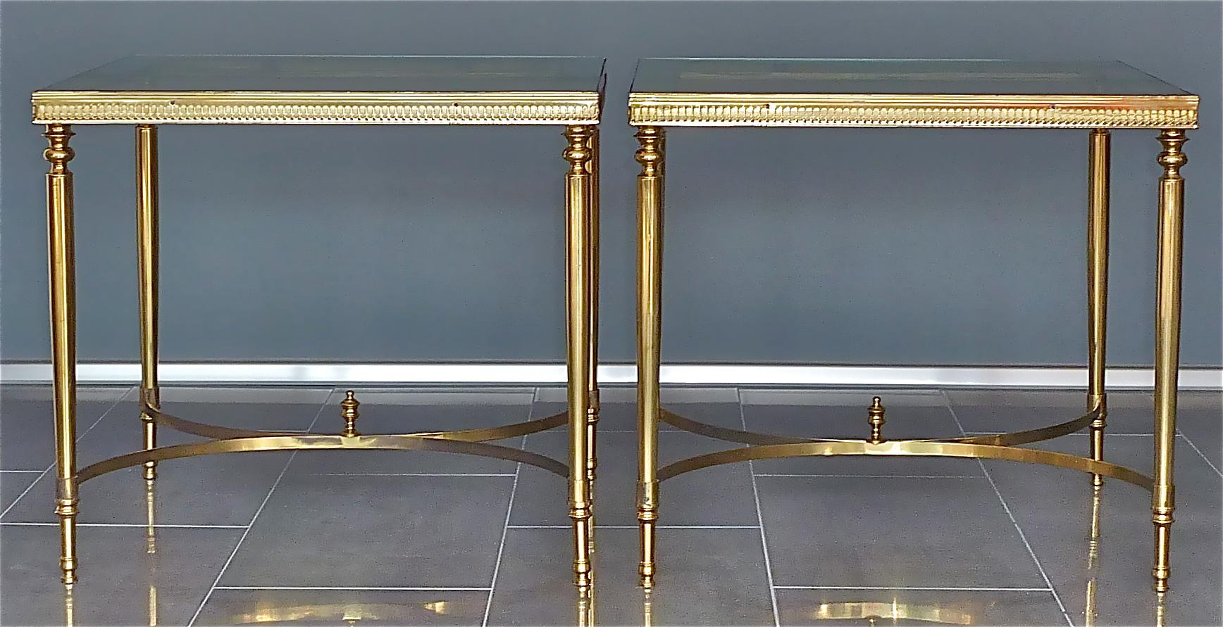 Mid-Century Modern Midcentury Pair of Maison Baguès Jansen Side Sofa Tables Brass Mirror Glass