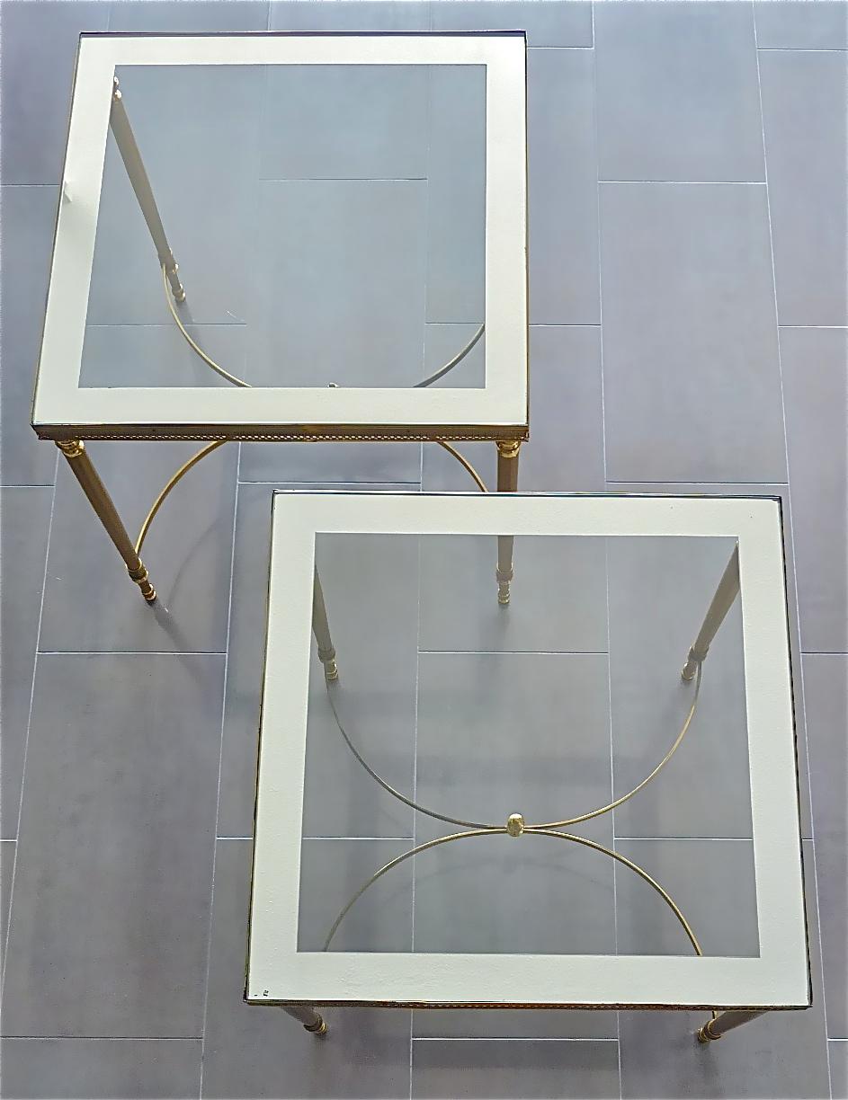 Midcentury Pair of Maison Baguès Jansen Side Sofa Tables Brass Mirror Glass 1