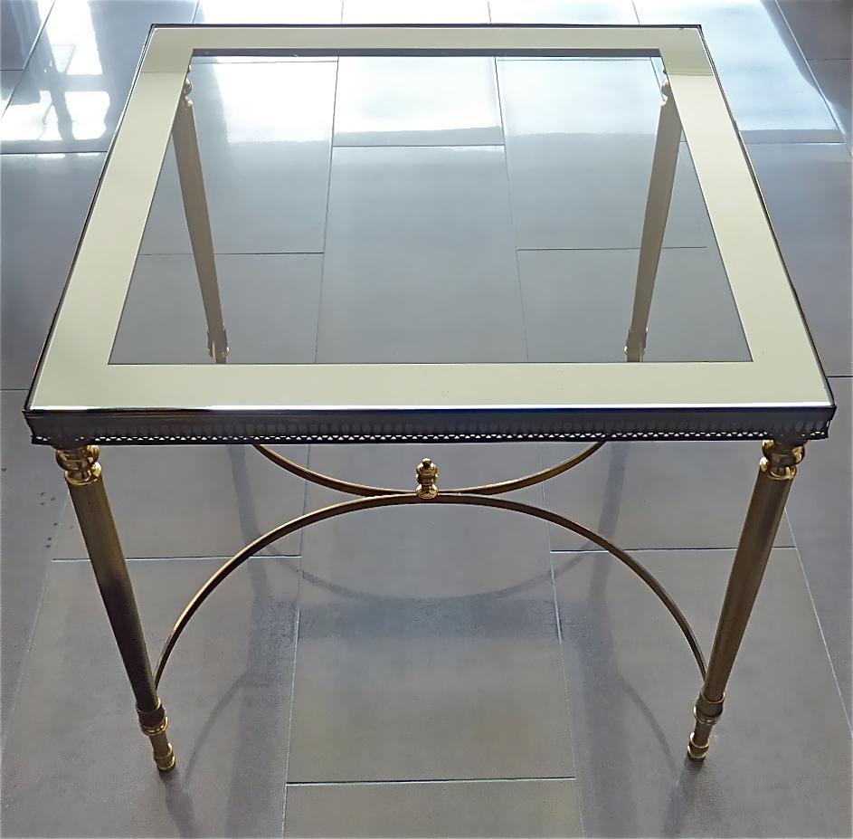 Midcentury Pair of Maison Baguès Jansen Side Sofa Tables Brass Mirror Glass 2