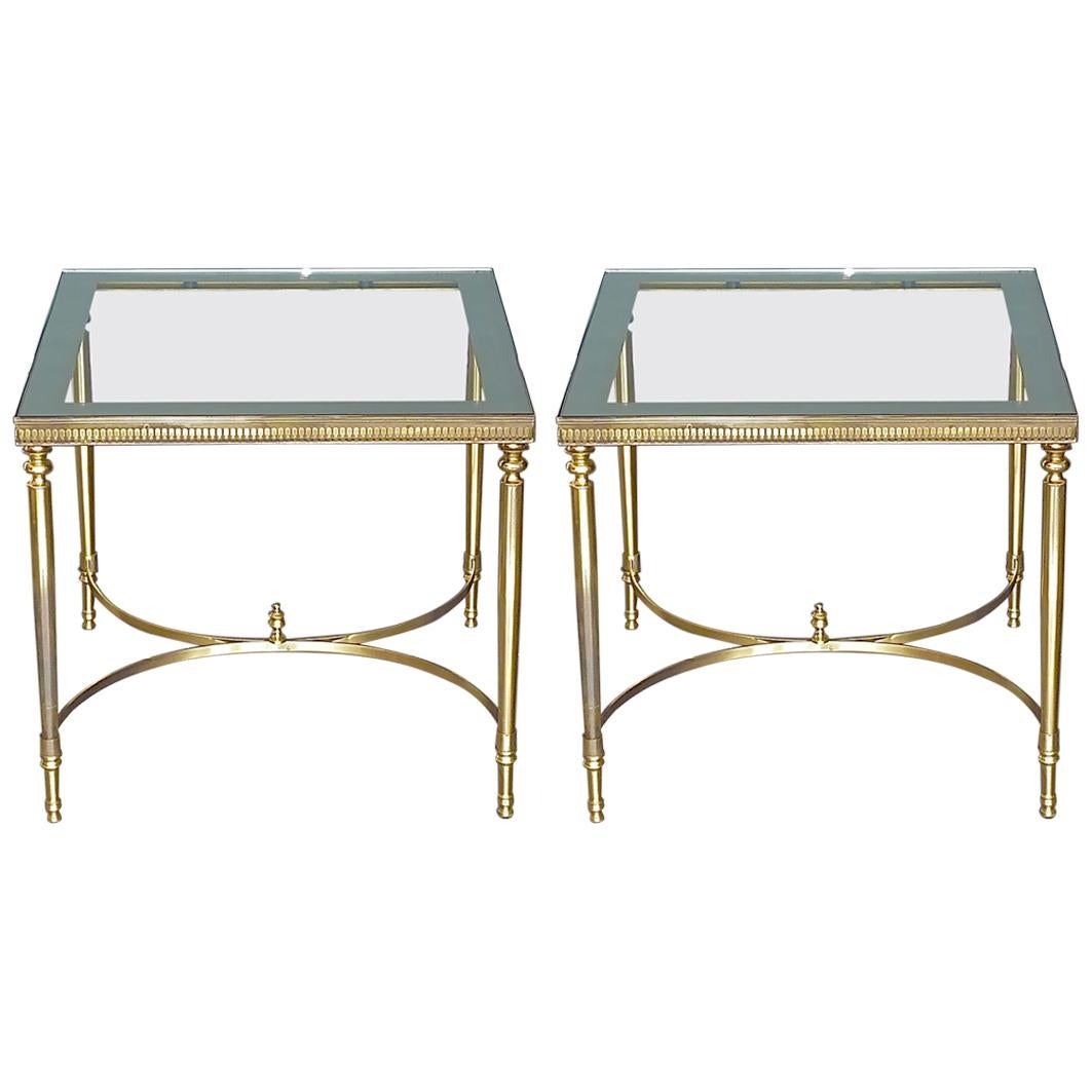 Midcentury Pair of Maison Baguès Jansen Side Sofa Tables Brass Mirror Glass