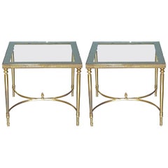 Midcentury Pair of Maison Baguès Jansen Side Sofa Tables Brass Mirror Glass Midcentury Pair of Maison Baguès Jansen Side Sofa Tables Brass Mirror Glass