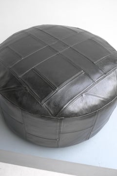 Large Midcentury Patchwork Pouf in Black Leather
