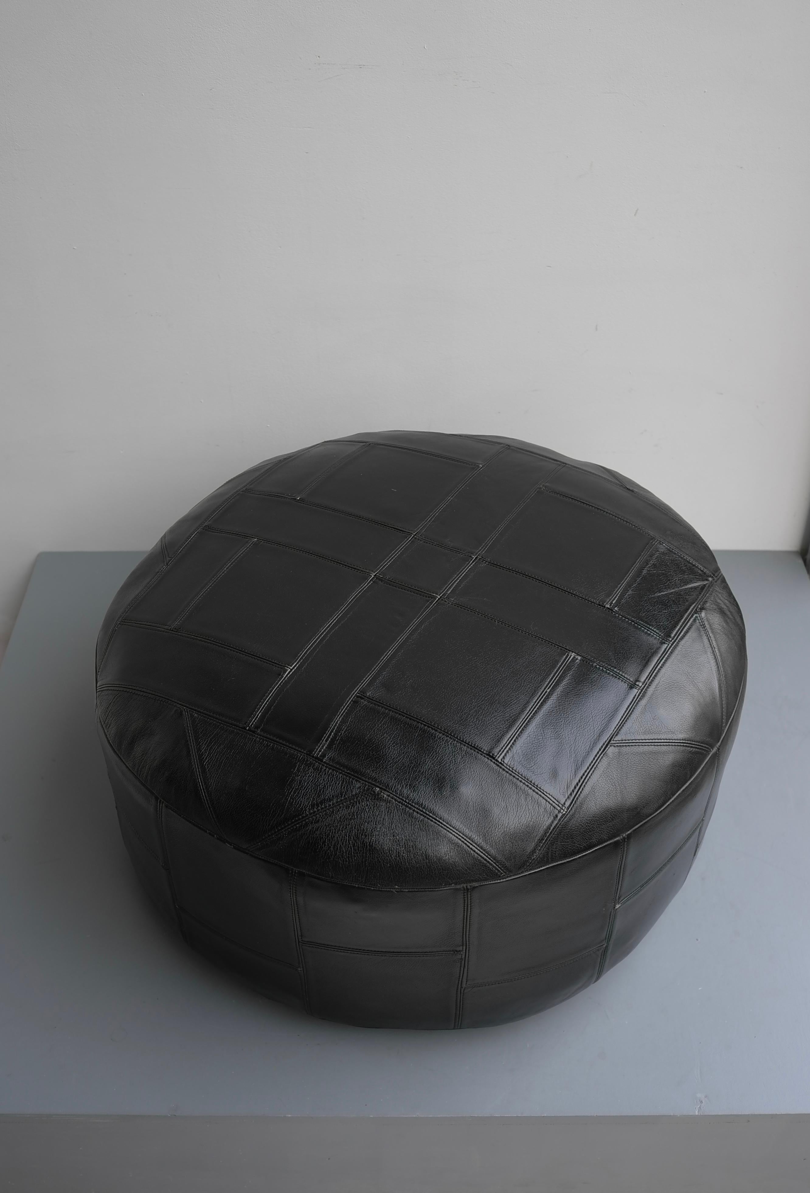 Mid-Century Modern Large Midcentury Patchwork Pouf in Black Leather