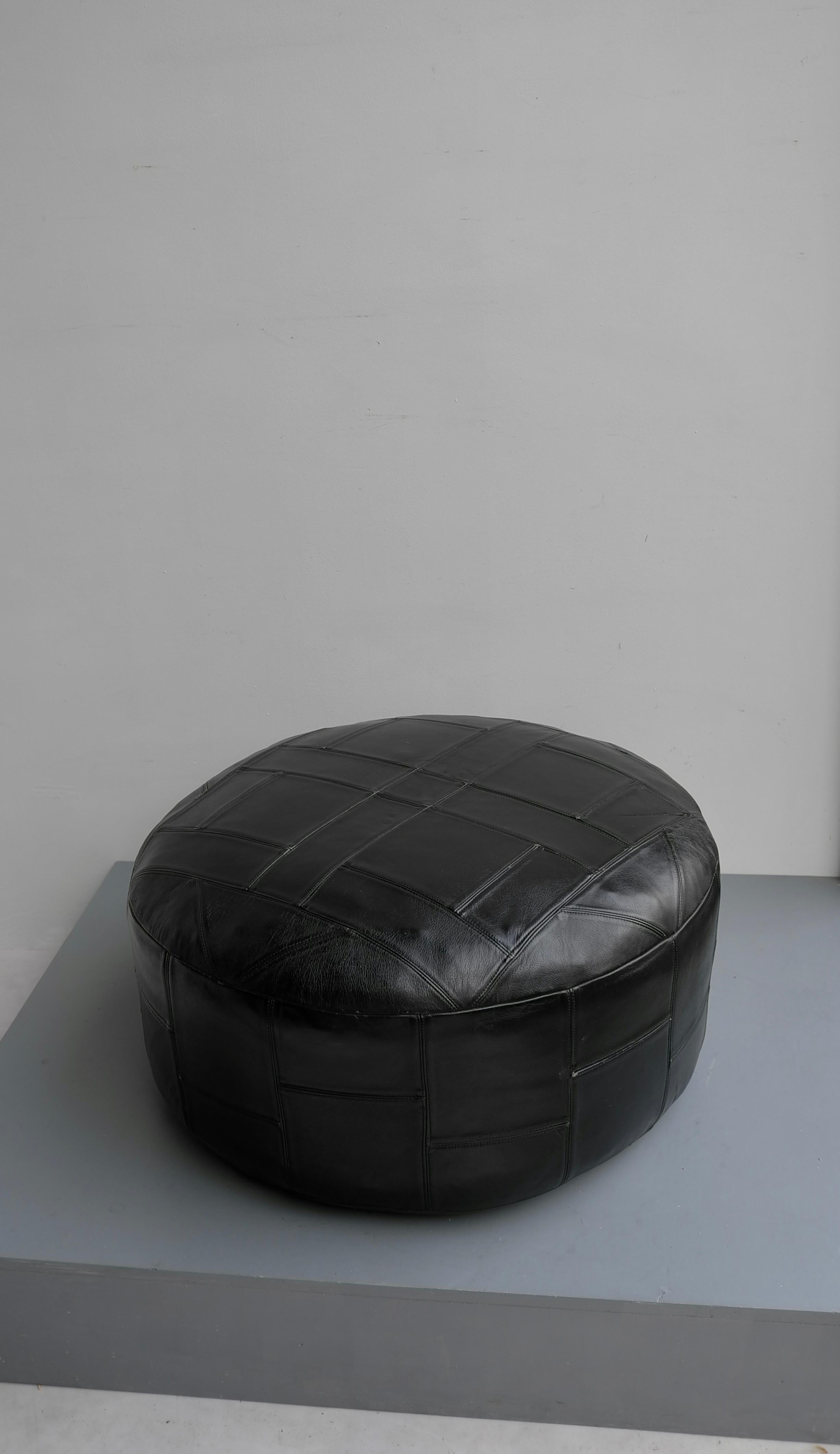 European Large Midcentury Patchwork Pouf in Black Leather
