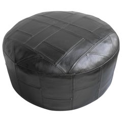 Large Midcentury Patchwork Pouf in Black Leather