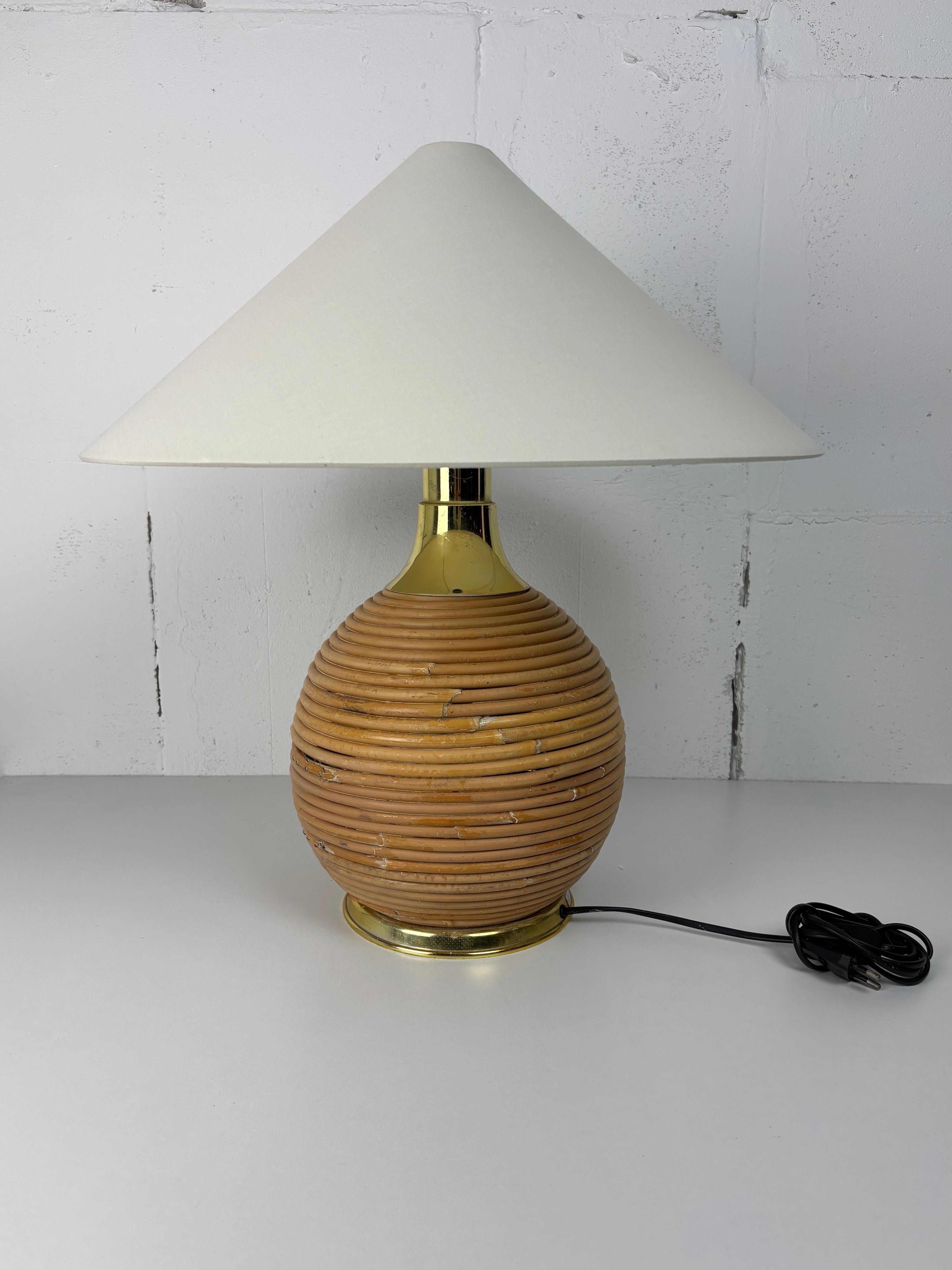 Grande lampe de table en bambou, rotin et laiton, Italie, années 1970 en vente 7