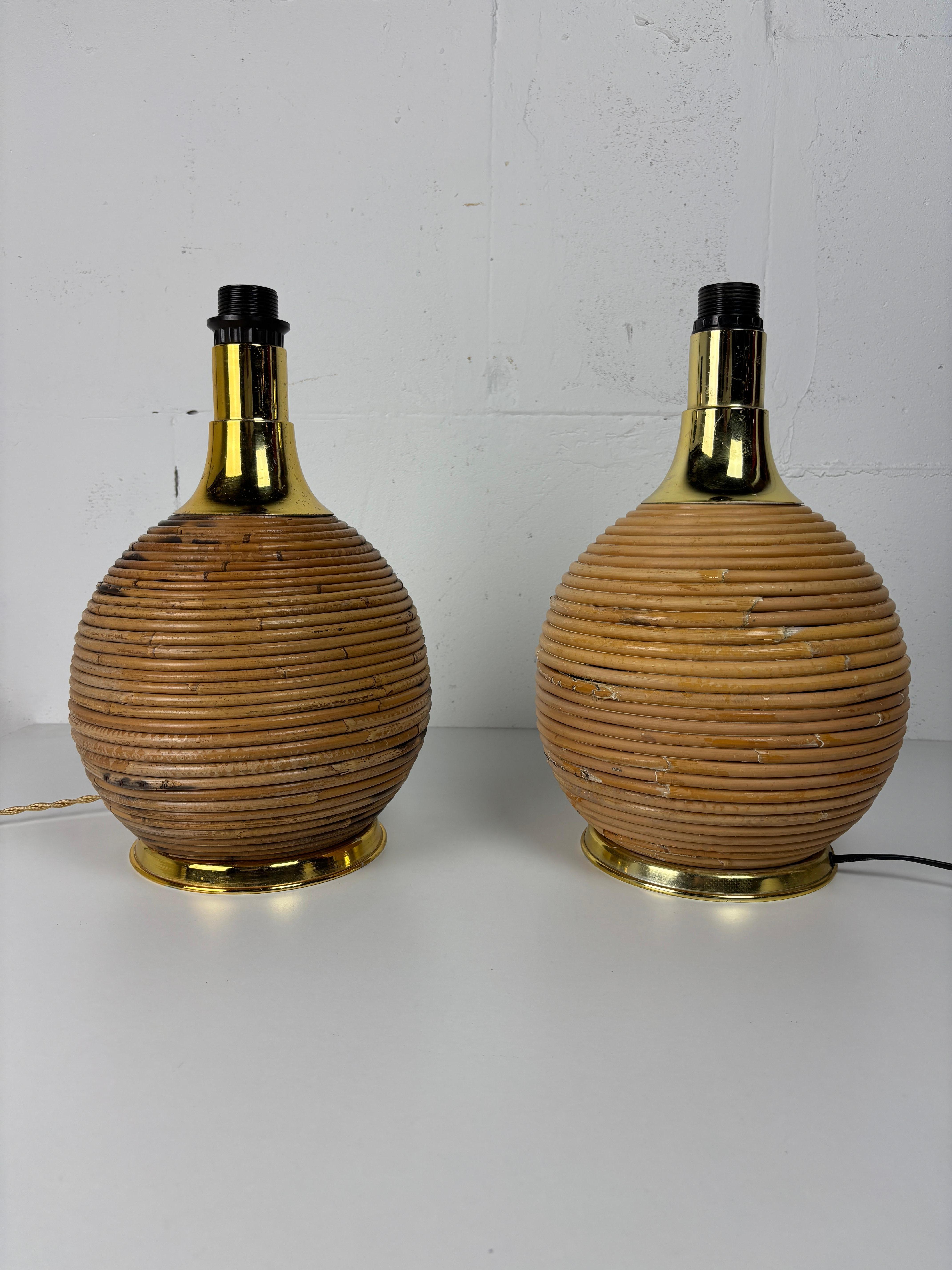 Grande lampe de table en bambou, rotin et laiton, Italie, années 1970 en vente 9