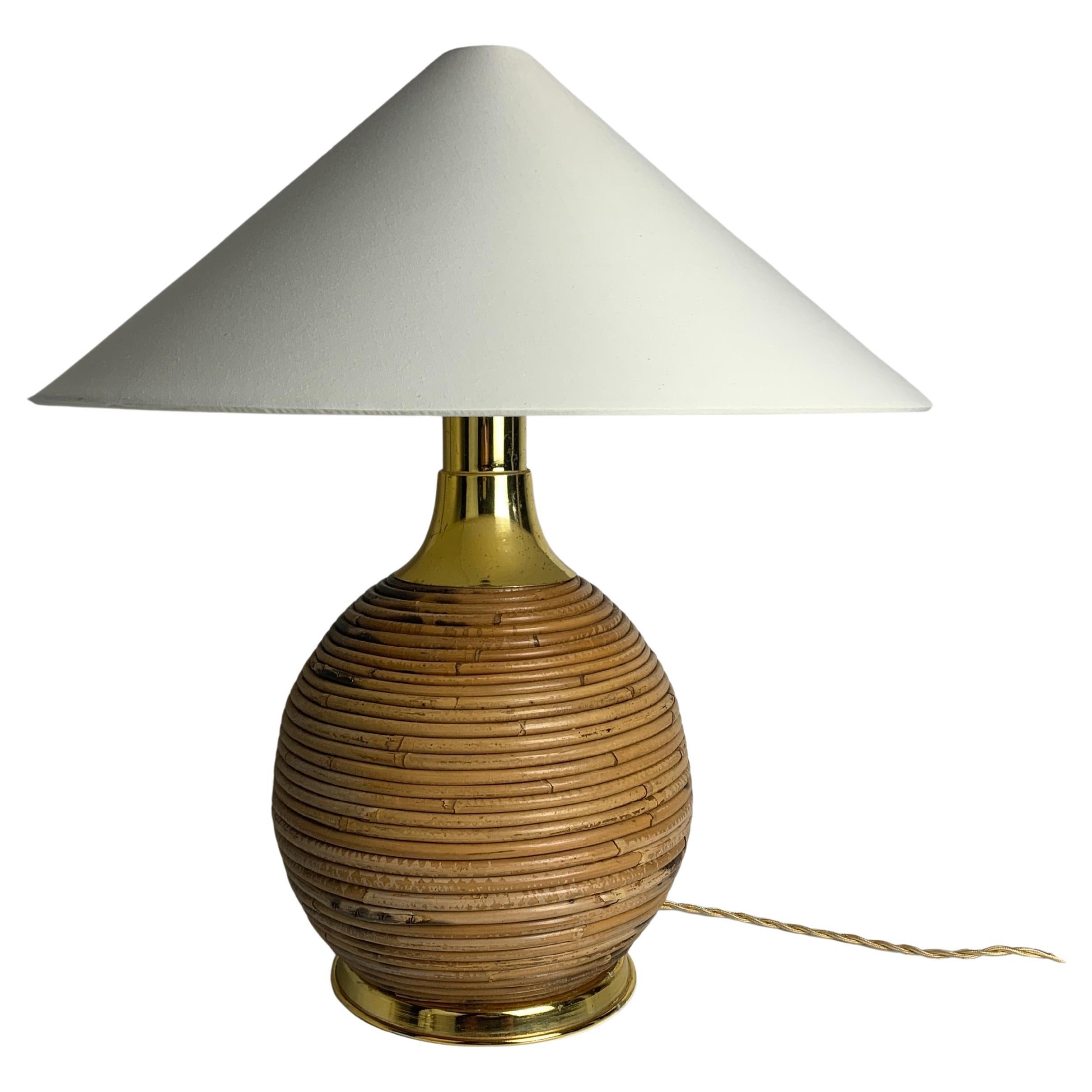 Grande lampe de table en bambou, rotin et laiton, Italie, années 1970 en vente