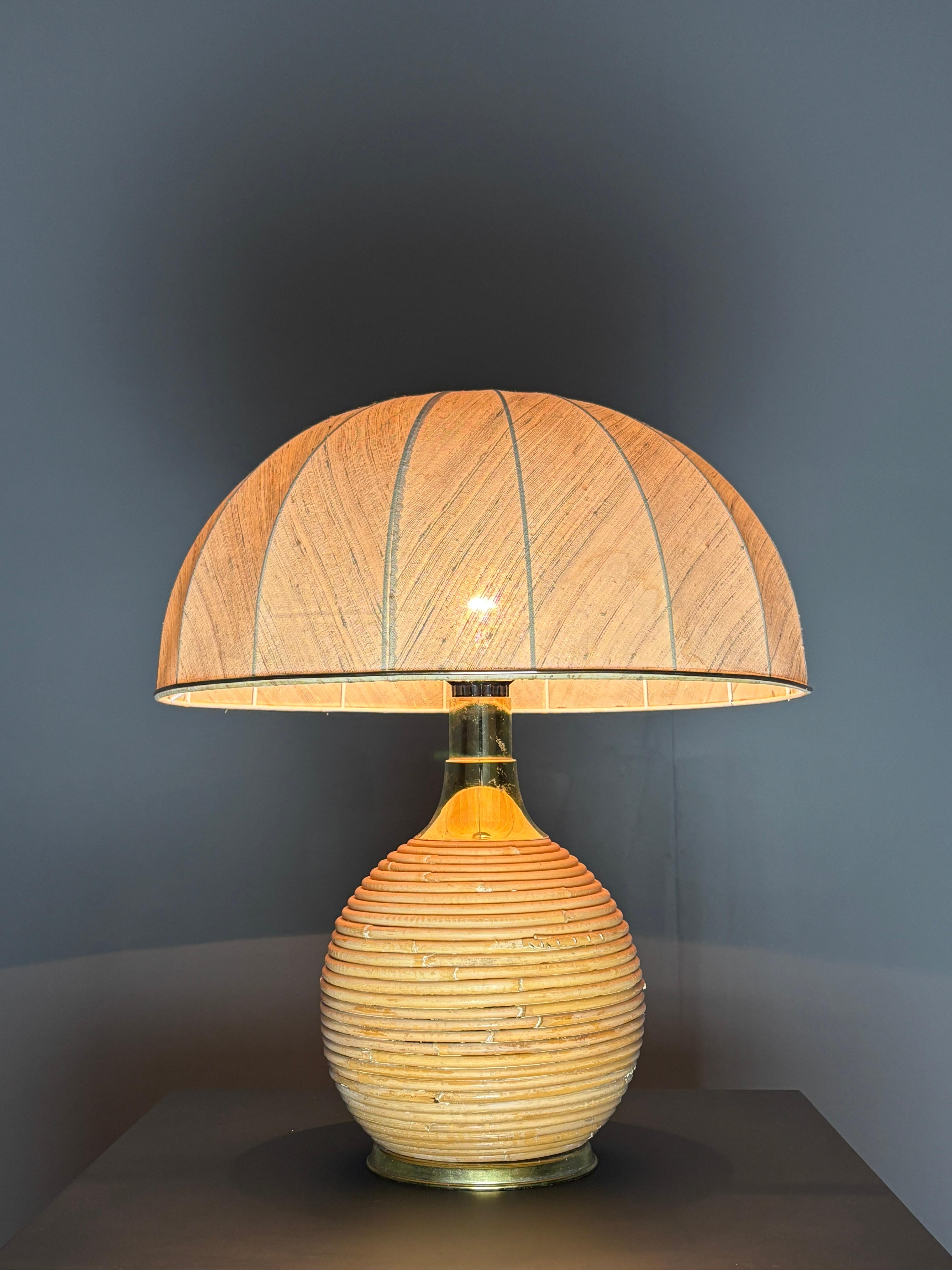 Large midcentury pencil reed rattan bamboo mushroom table lamp, 1970s For Sale 4