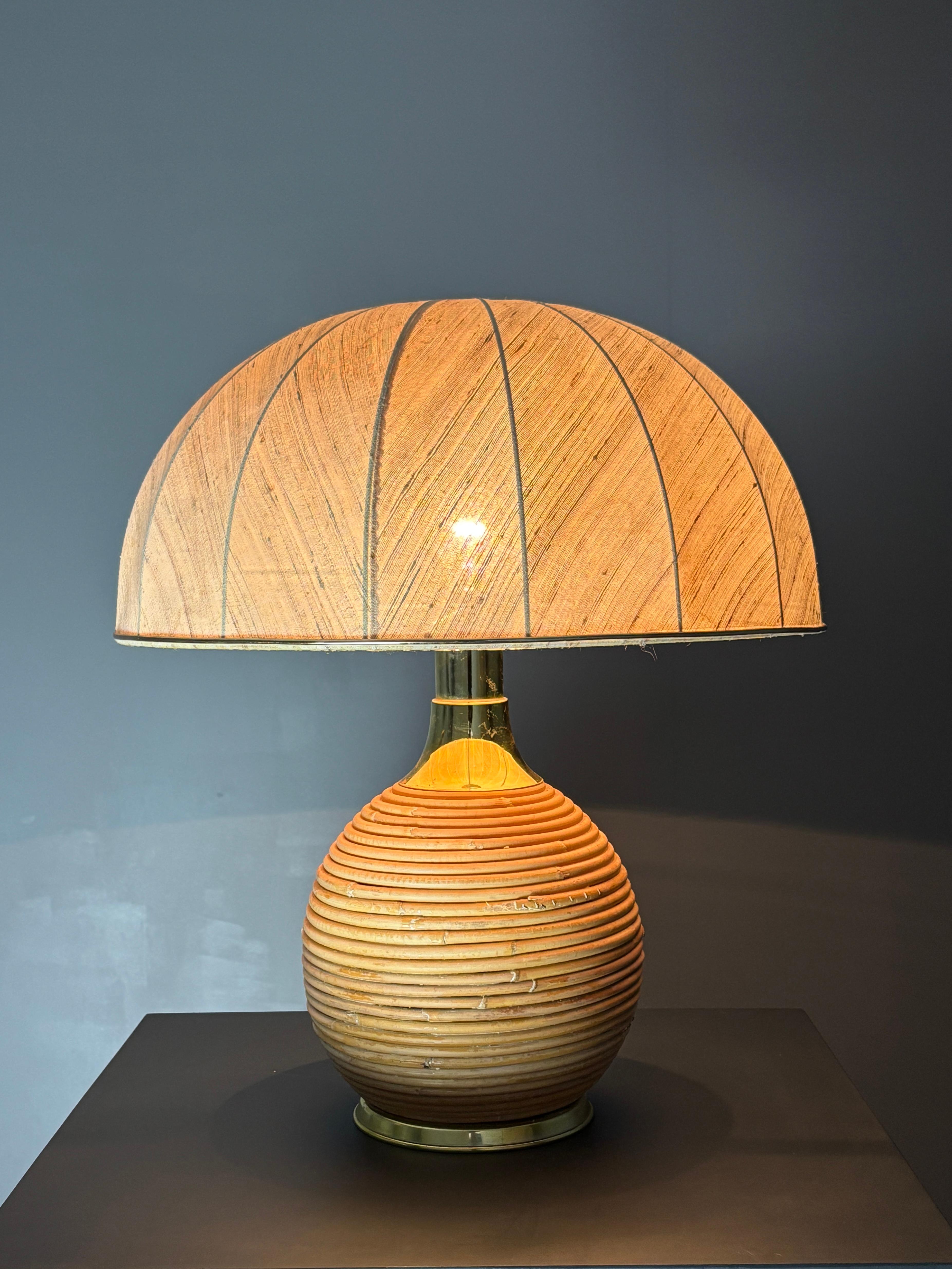 Mid-Century Modern Large midcentury pencil reed rattan bamboo mushroom table lamp, 1970s For Sale
