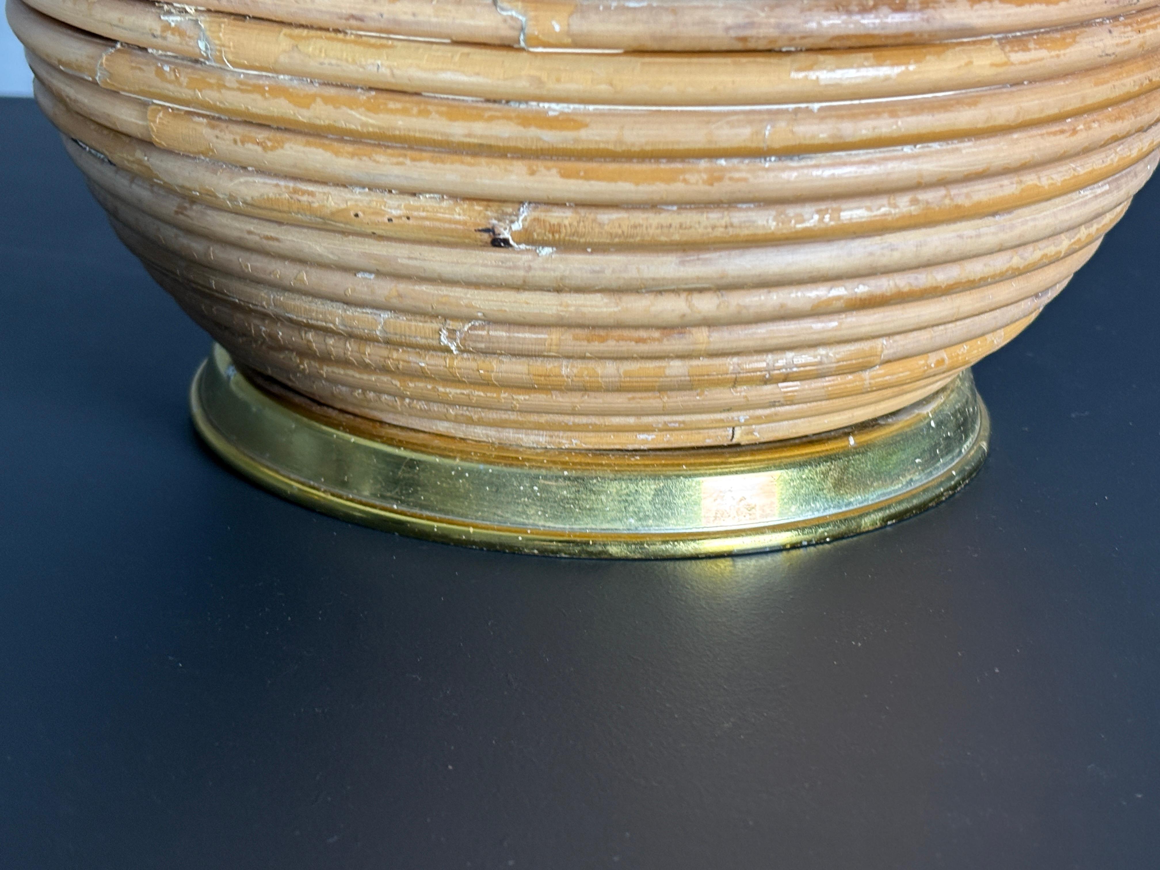 Brass Large midcentury pencil reed rattan bamboo mushroom table lamp, 1970s For Sale
