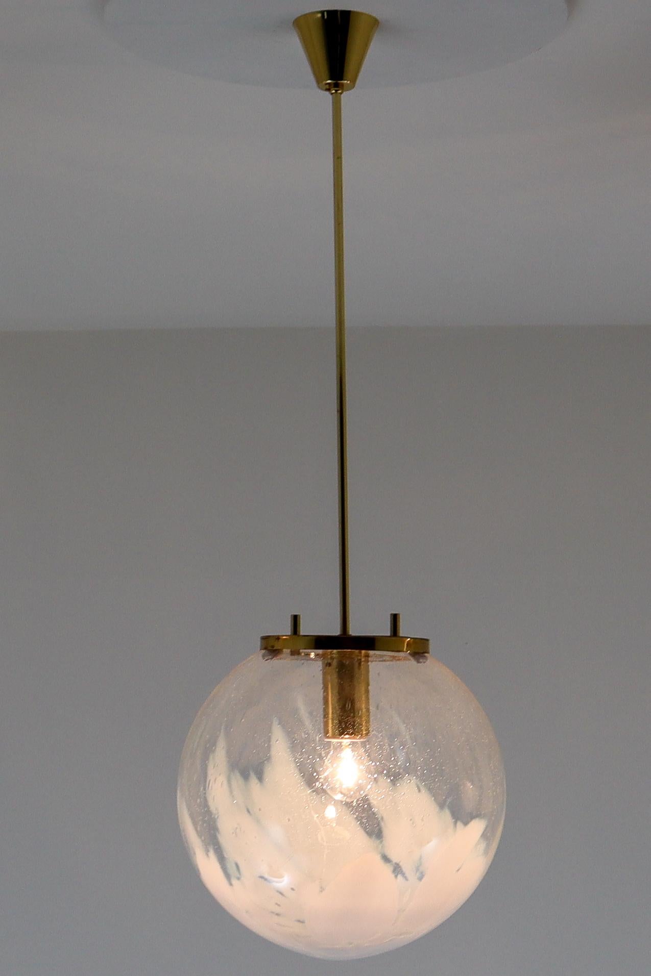 Midcentury Pendants in Brass and Art-Glass with White Streaks Austria 1960 In Good Condition In Almelo, NL