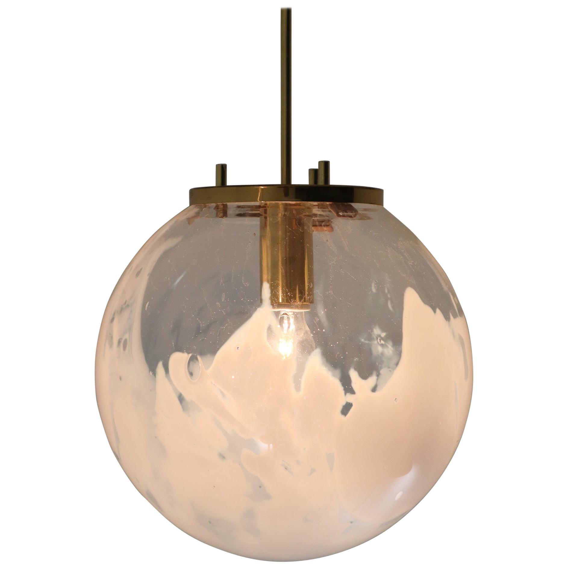 Midcentury Pendants in Brass and Art-Glass with White Streaks Austria 1960